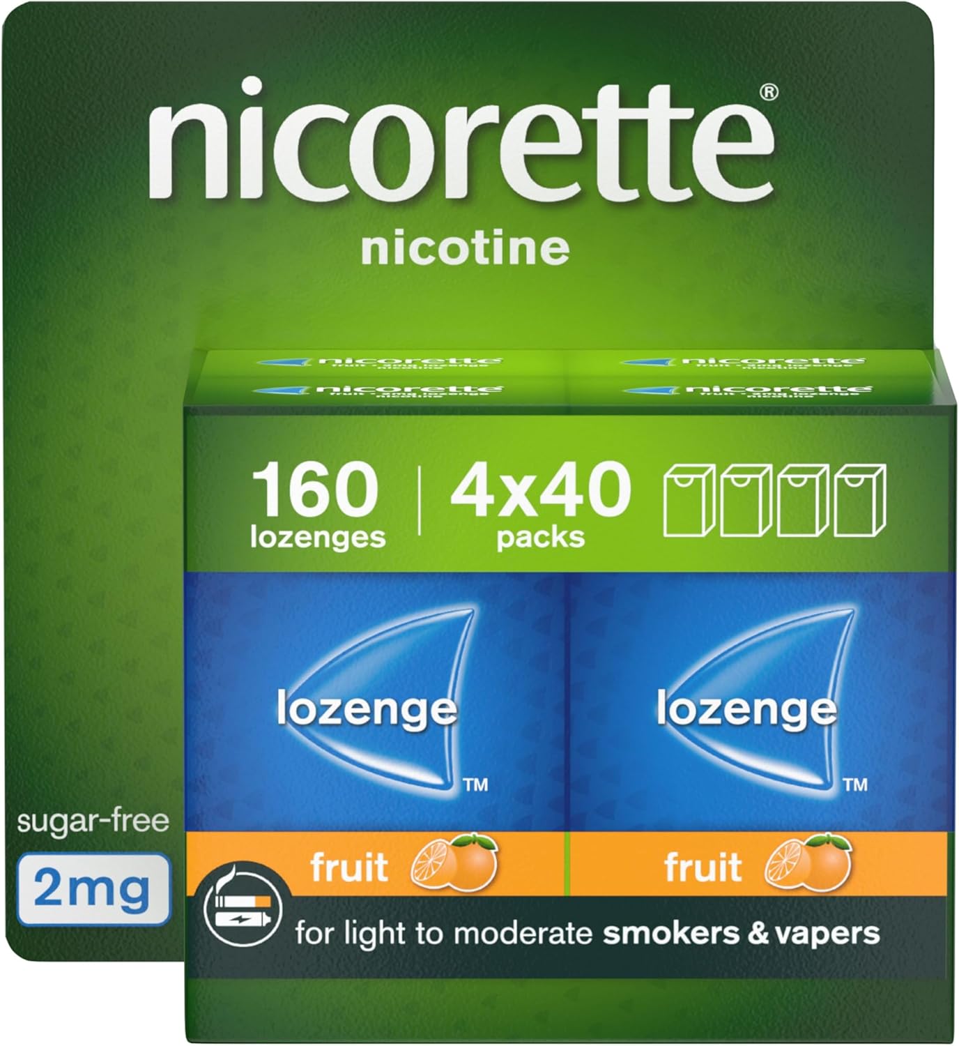 Nicorette Fruit 2mg Lozenge, 160 Lozenges (4 x 40 Packs), Effective and Discreet Quit Smoking Aid for Cigarettes, Nicotine Lozenges with Dual-Layer Fruity Flavour Release