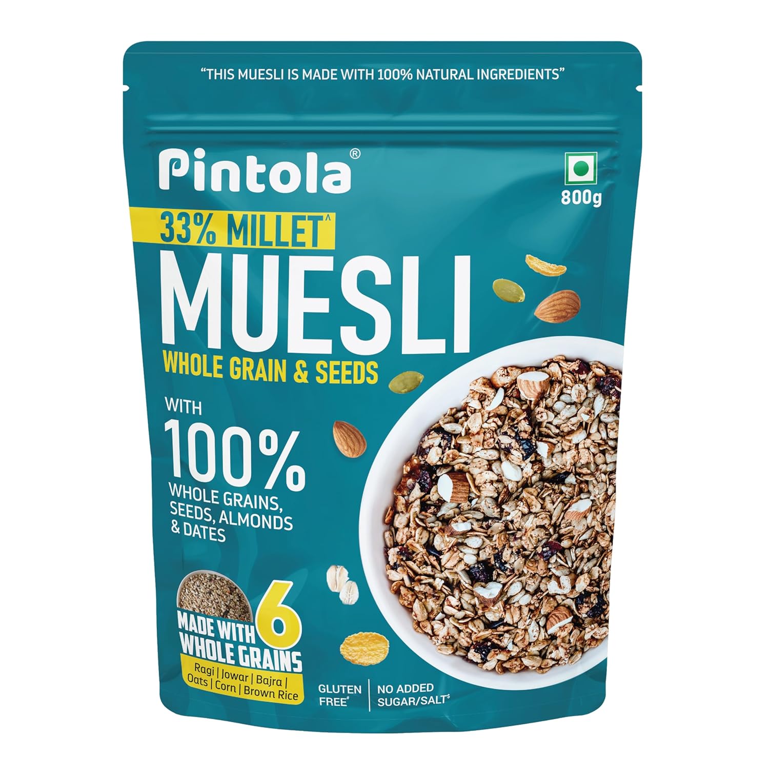 Pintola Wholegrain & Seeds Muesli with 33% Millet (800g), Nutricious Brakfast Cereal with 26% nuts, seeds and dates, No preservatives | Rich in dietary Fibre & Protein | Cholesterol Free | Gluten Free