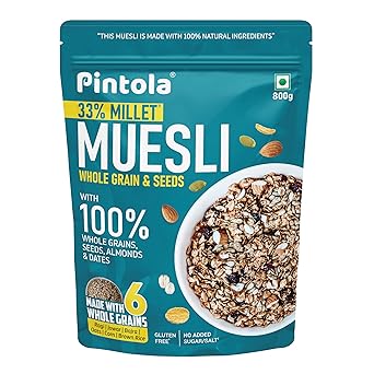 Pintola Fruit & Nut Muesli with 28% Millet & 68% Wholegrains, Healthy-Fruity Breakfast cereal with 6 nuts, dried fruits & Dates, No Preservatives, No added sugar|Rich in Dietary Fibre & Protein