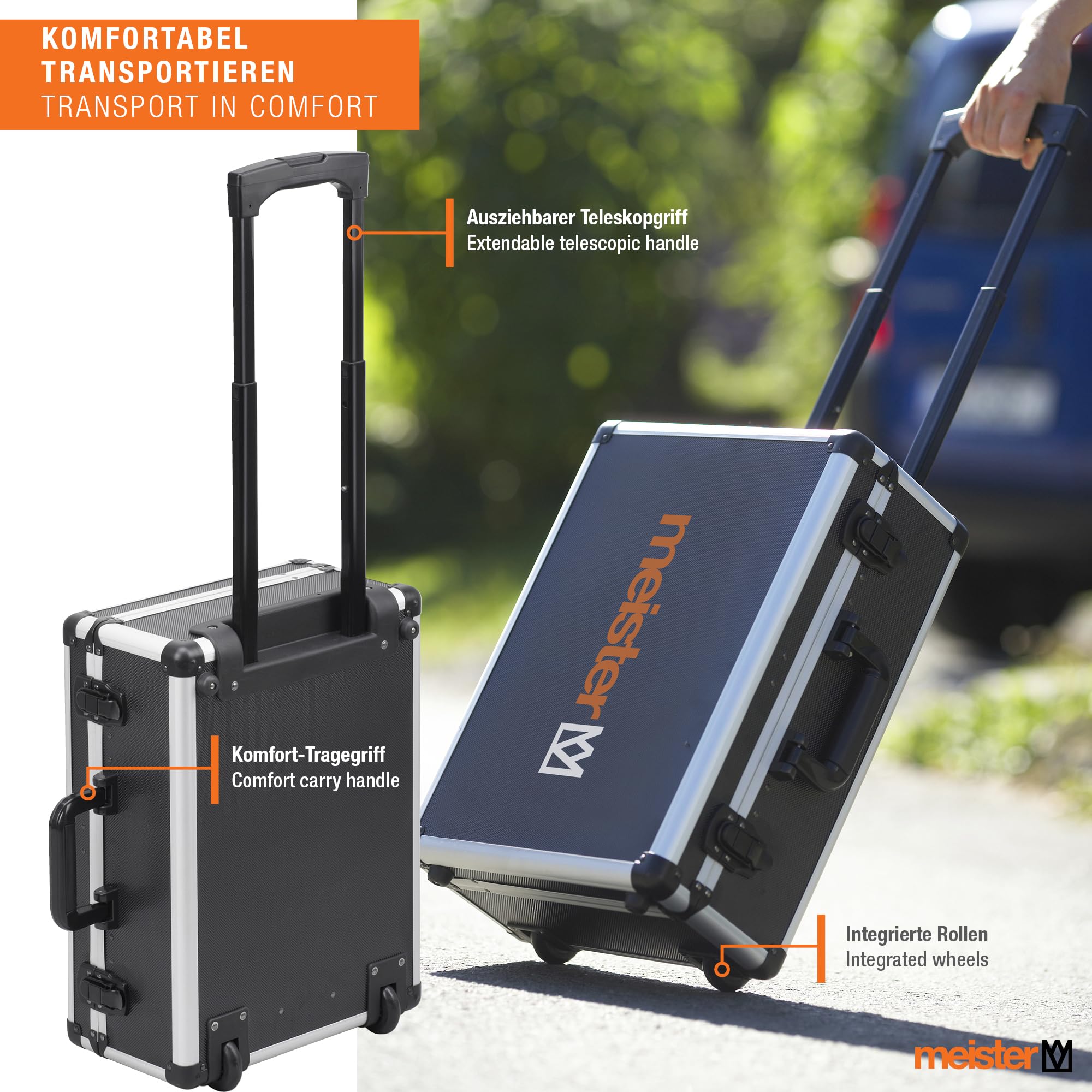 Meister Chariot à outils 230 pièces - Kit d'outils - Avec roulettes - Poignée télescopique/Mallette à outils professionnelle remplie/Caisse à outils mobile sur roulettes/Boîte à outils complète