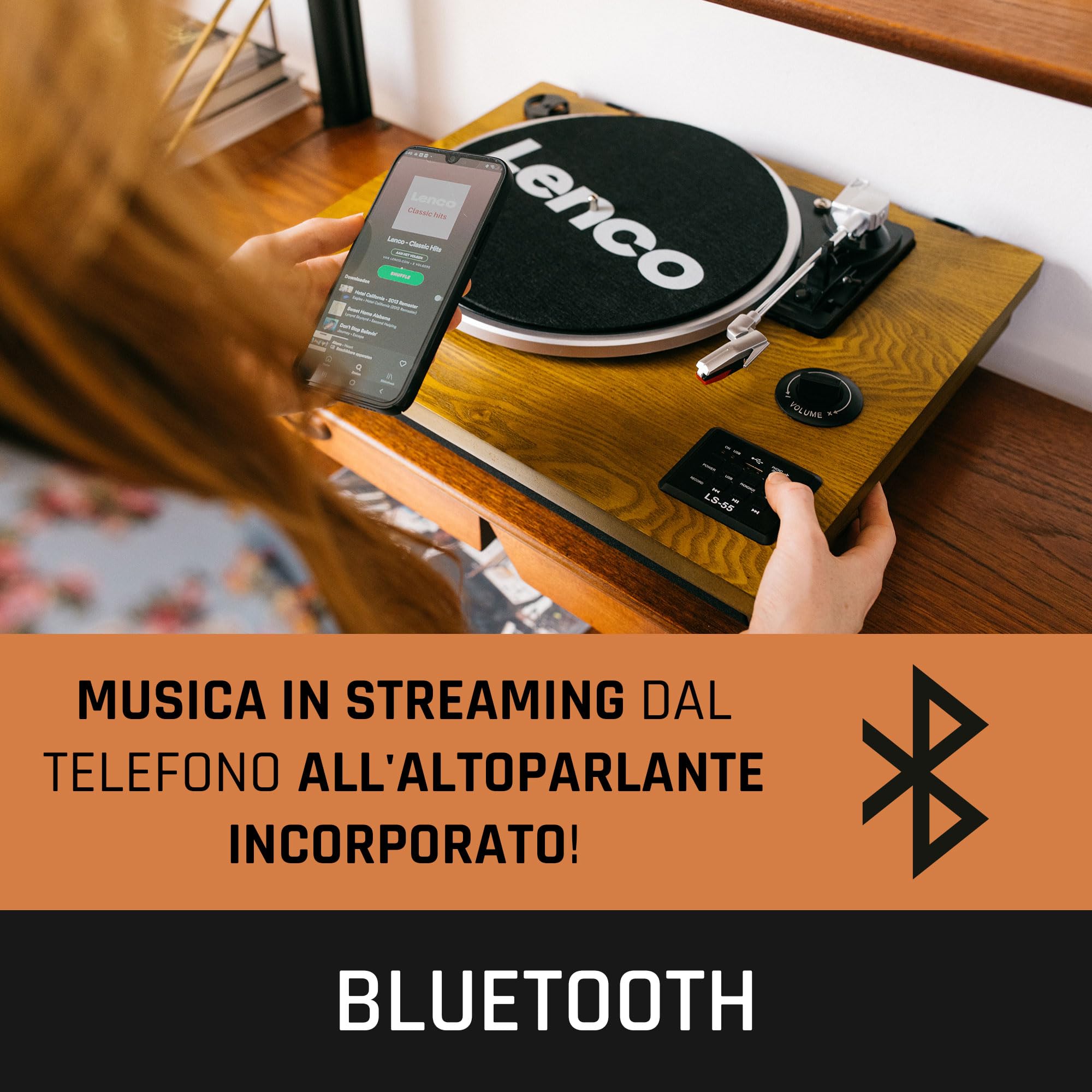 Giradischi Lenco LS-55 con altoparlanti integrati - Ricezione Bluetooth - Codifica diretta MP3 su supporti di archiviazione - 2 x 5 Watt RMS - Ingresso USB - AUX - Marrone