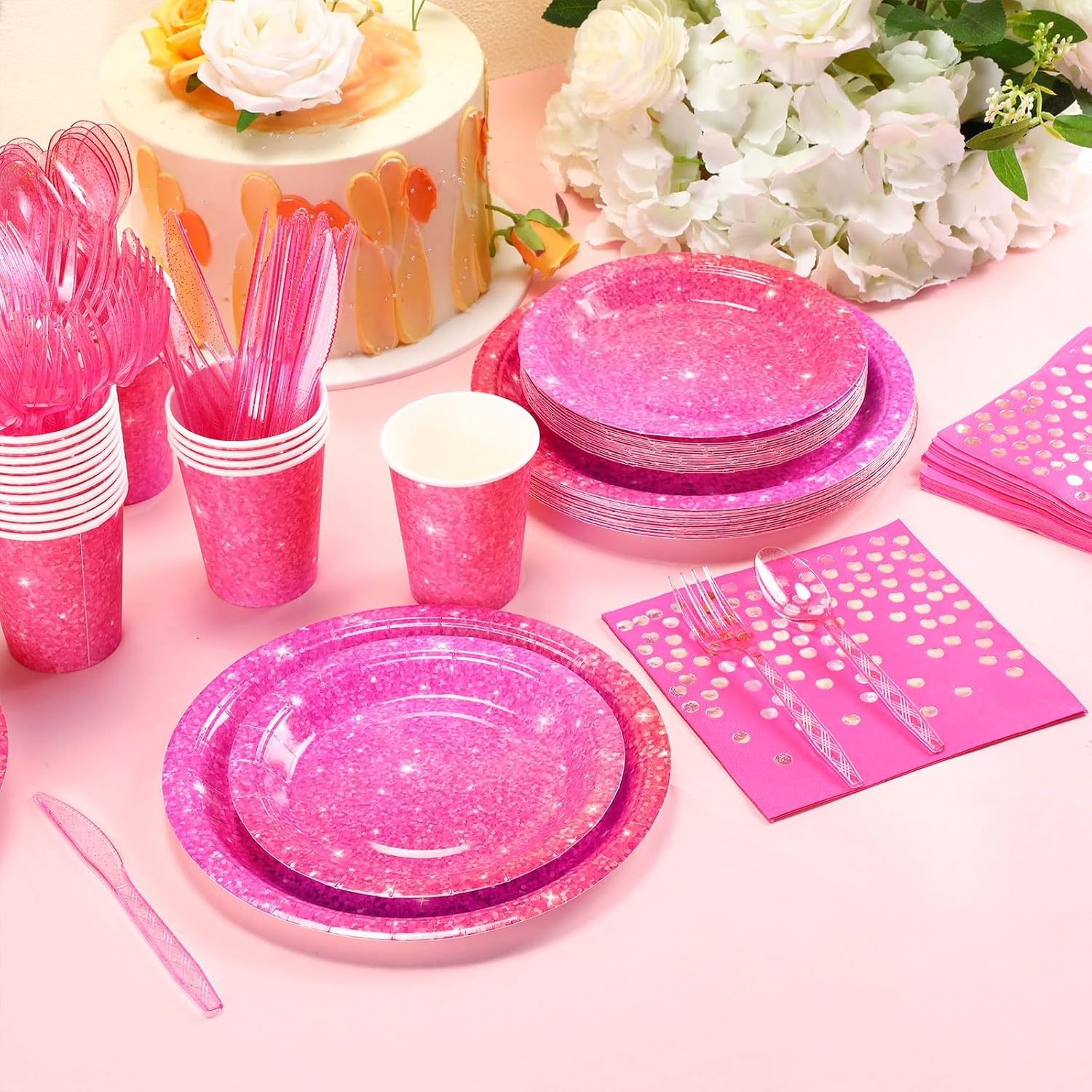 Hushee 350 Pcs Hot Pink Holographic Print Party Supplies Guests Disposable Dinnerware Set Include Paper Plates, Napkins, Cups, Plastic Cutlery for Wedding Birthday Disco Bachelorette