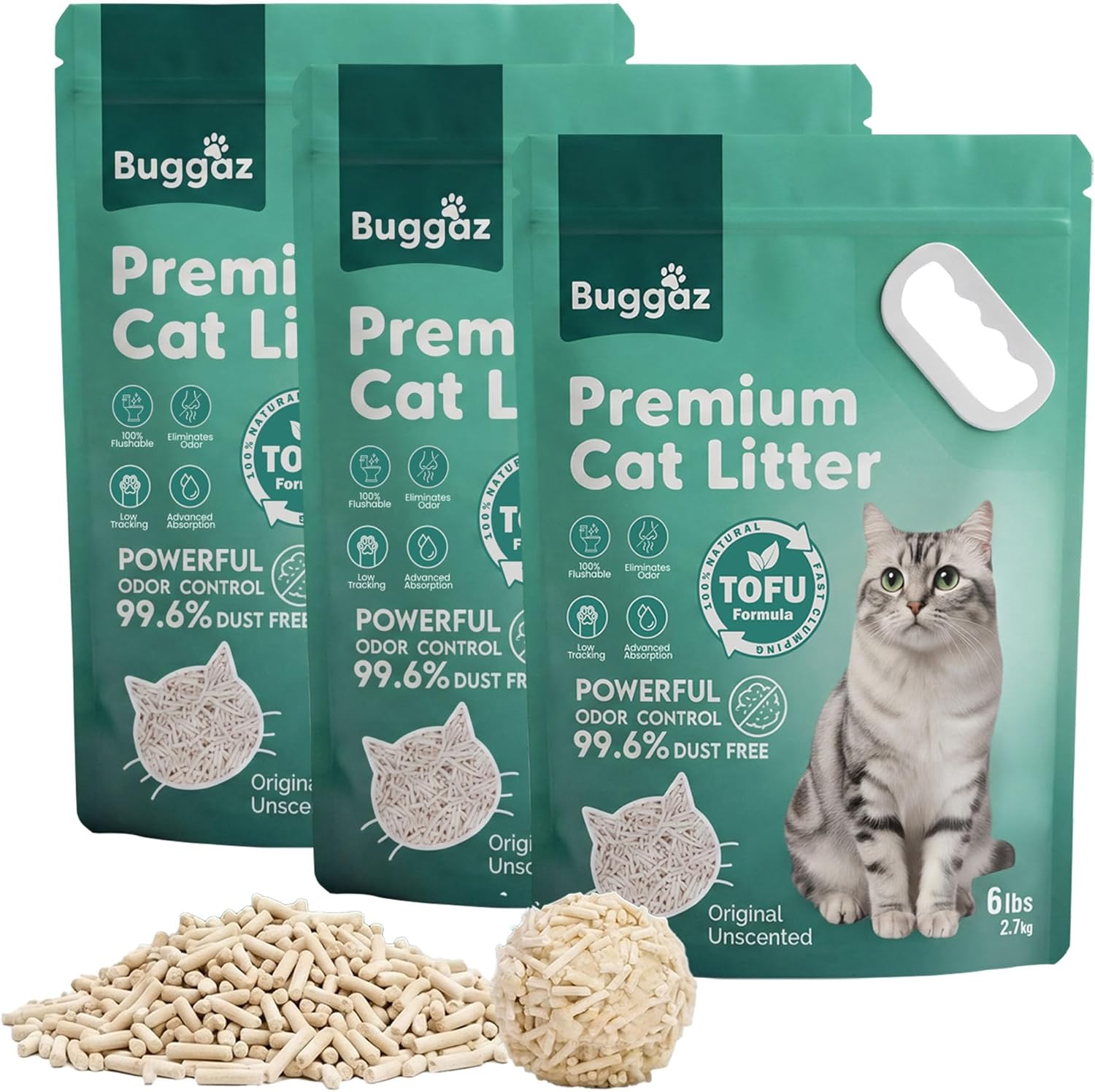 Premium Tofu Cat Litter-18lbs |Natural, Compostable, Flushable, Low Tracking, Unscented Fast Clumping & Ultra Absorbent | Dust-Free, Water-Soluble & Odor Control Litter 6lbs×3 Bags
