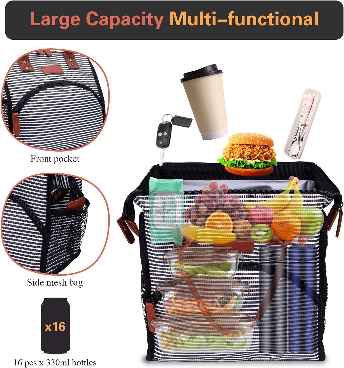 Kühltasche Lunchtasche Damen und Herren, 15L Kühlbox Thermotasche Wasserdicht und Auslaufsicher, Isoliertasche Cooler Bag Faltbar für Arbeit, Ausflügen, Picknick, Barbecue - Streifen
