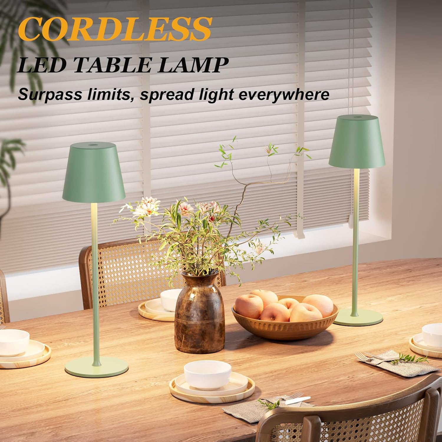 Kakanuo Cordless Table Lamp Rechargeable Green - KK 2 Pack 5000mAH Battery Operated Lamp for Dining Table, 3 Color Stepless Dimming Wireless Lamp for Counter, Outdoor Patio, Touch Control thumbnail