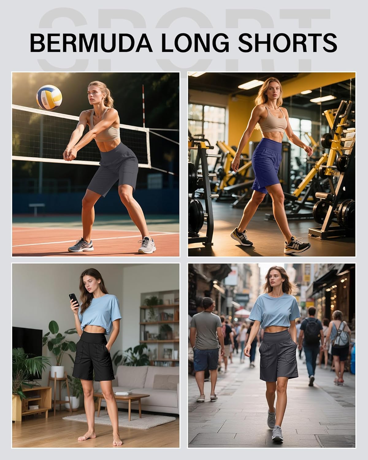 Coume 3 Pack Women's High Waisted 9 Inch Bermuda Shorts with Pocket Workout Athletic Long Shorts Knee Length Casual