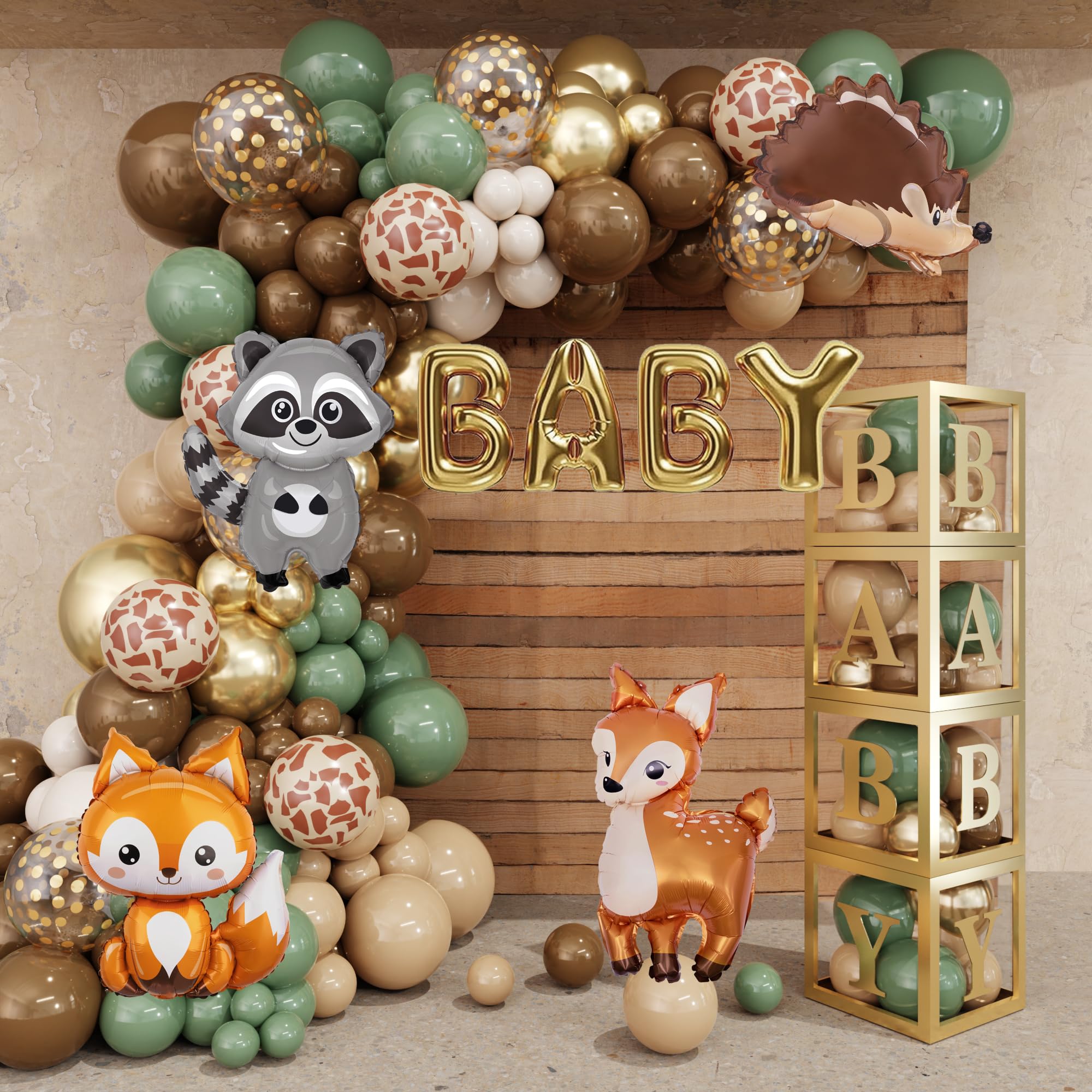 Amandir 137pcs Woodland Animals Baby Shower Decoration Boxes Sage Green Brown Balloon Garland Arch Kit Woodland Themed Animal Foil Balloons for