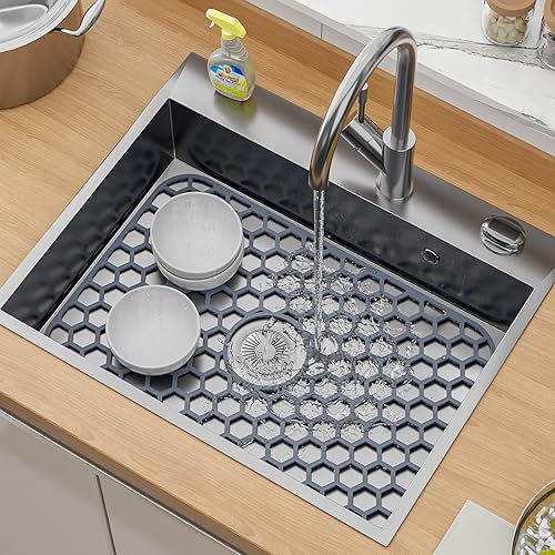Miniatura 233 de Paquete de 2 tapetes de silicona para fregadero de 13.58 x 11.6 pulgadas, protectores para fregadero de cocina con drenaje central, rejilla Gris