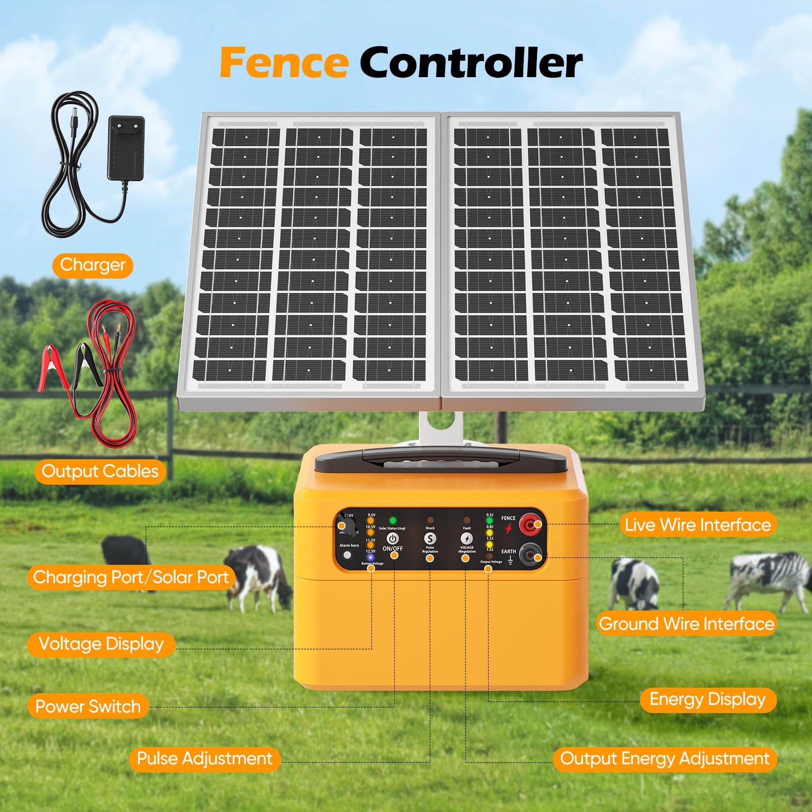 Caricatore solare per recinzione elettrica da 30 km, kit recinzione elettrica regolabile da 0,3 a 1,5 joule con pannello solare da 15 W/batteria da 7 Ah, portatile con uscita fino a 12 kV