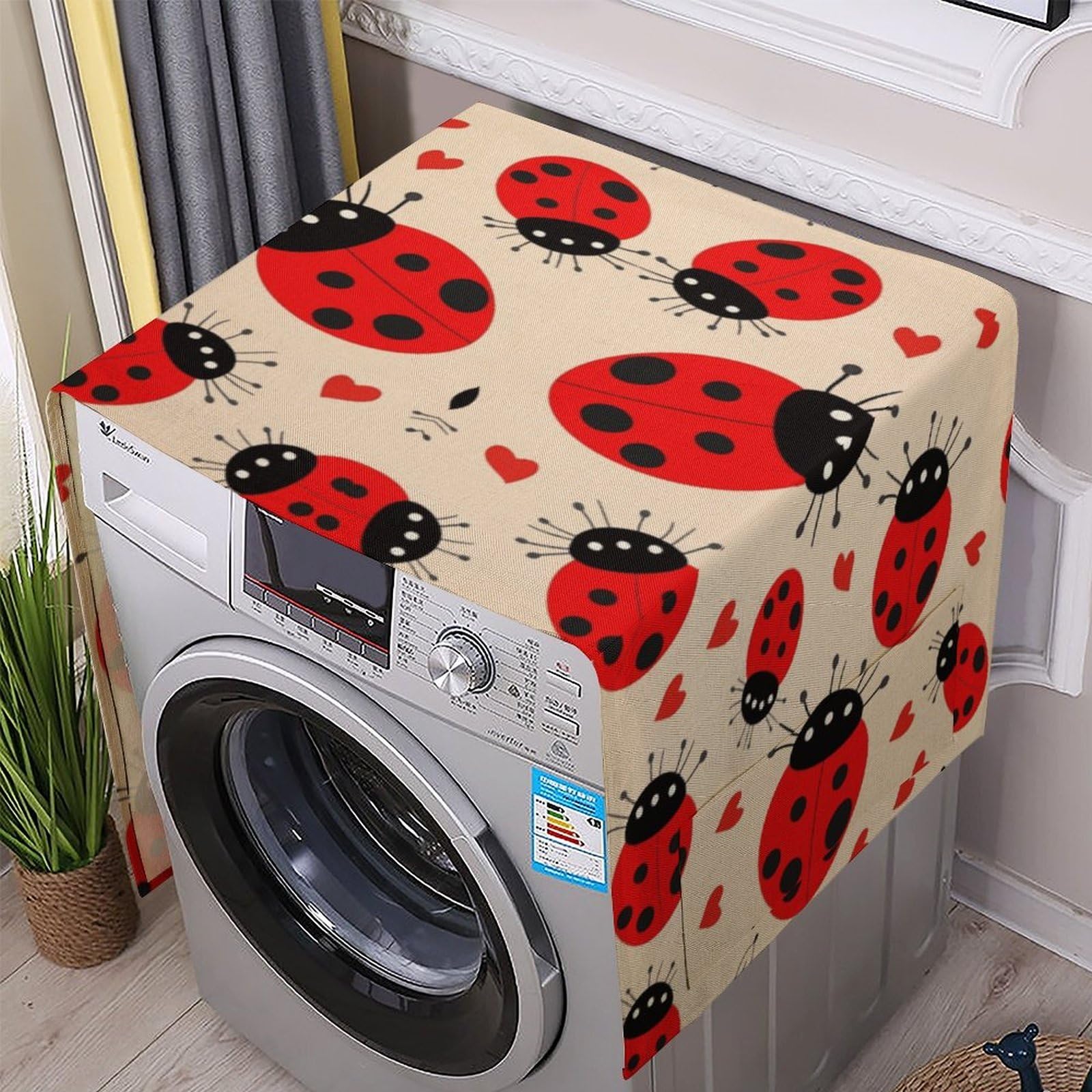 Fodpand White Washing Machine Cover For Top Load Dustproof Ladybug Washer And Dryer Cover With Storage Pockets Household Appliance Covers Washable Top Protector Mat Pad For Laundry & Kitchen