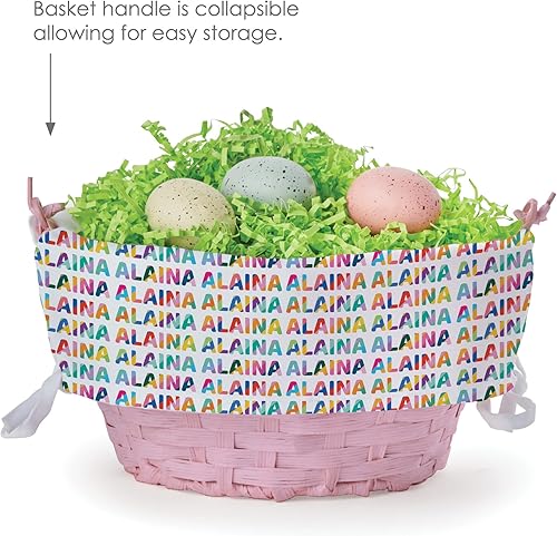 Miniatura 5 de Patrón colorido con nombre para ella, cesta de huevo de Pascua personalizada con asa y nombre personalizado  Forros de cesta de Pascua blancos