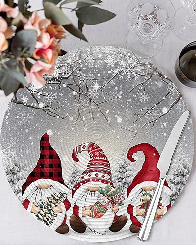 Miniatura 3 de Juego de 2 manteles individuales redondos trenzados, antideslizantes, diseño de gnomos rojos de Navidad, rama, copo de nieve, árbol de Navidad,