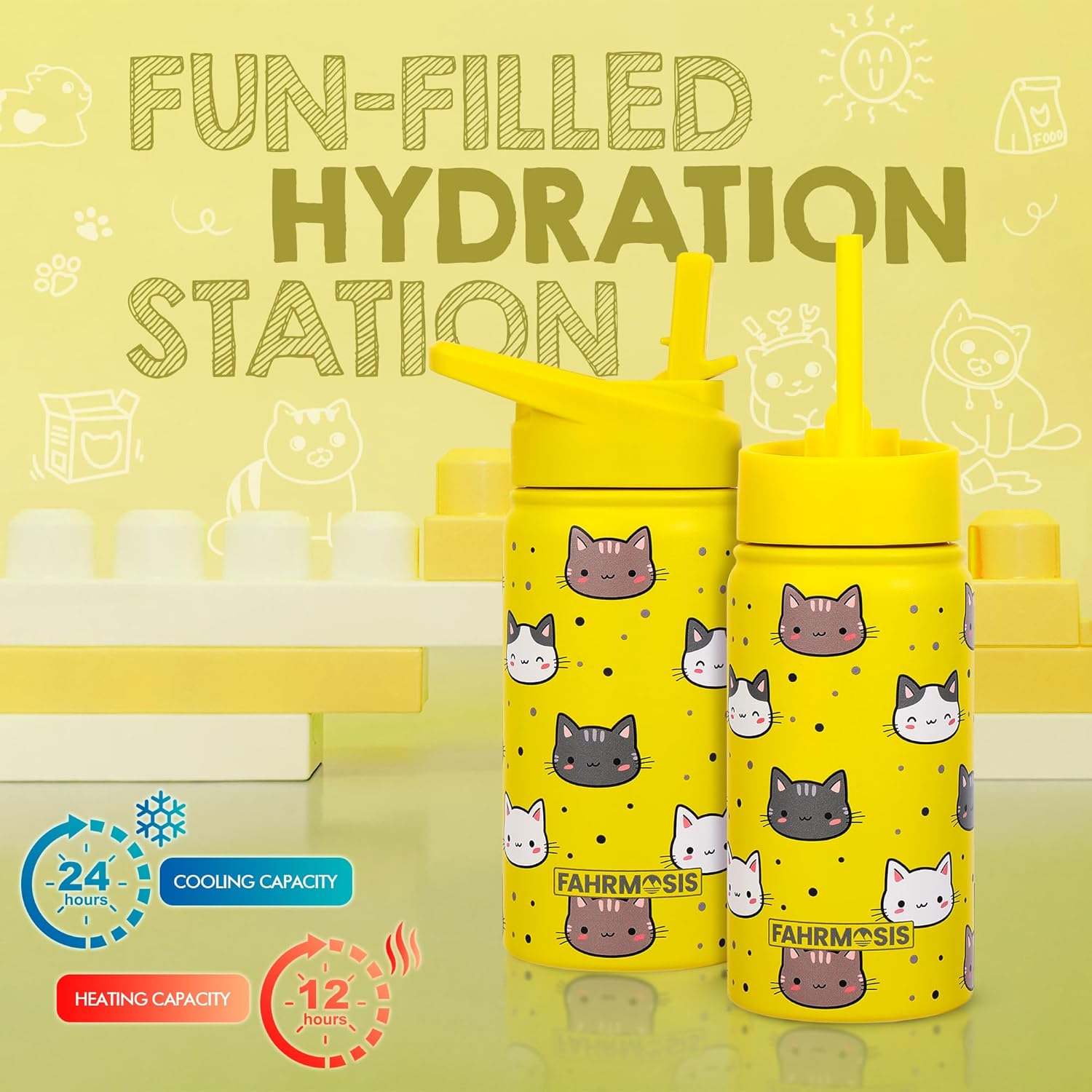 14 OZ Kids Water Bottle with Straw & 2 Lids (Flip & Spout) Leak Proof Metal Insulated Stainless Steel Reusable Tumbler for School & Sports Water Bottle - Yellow (Cat) - Image 5