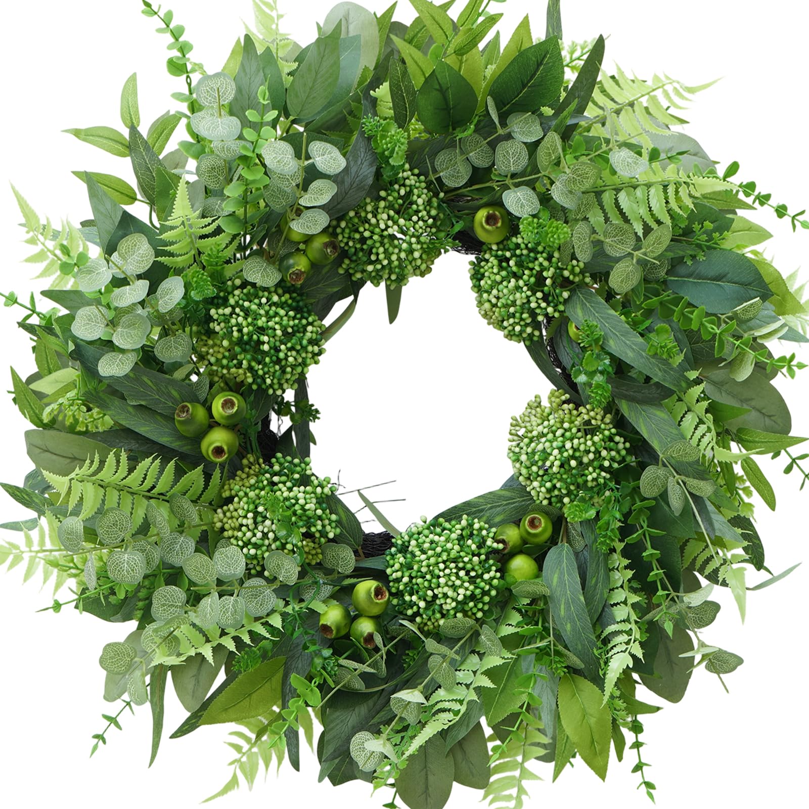 Condition photo showing New/Like New for 24 inch artificial greenery wreath for front door - green wreath with eucalyptus and fern leaves, spring summer fall winter eucalyptus wreaths, indoor outdoor wreath for farmhouse outside year round