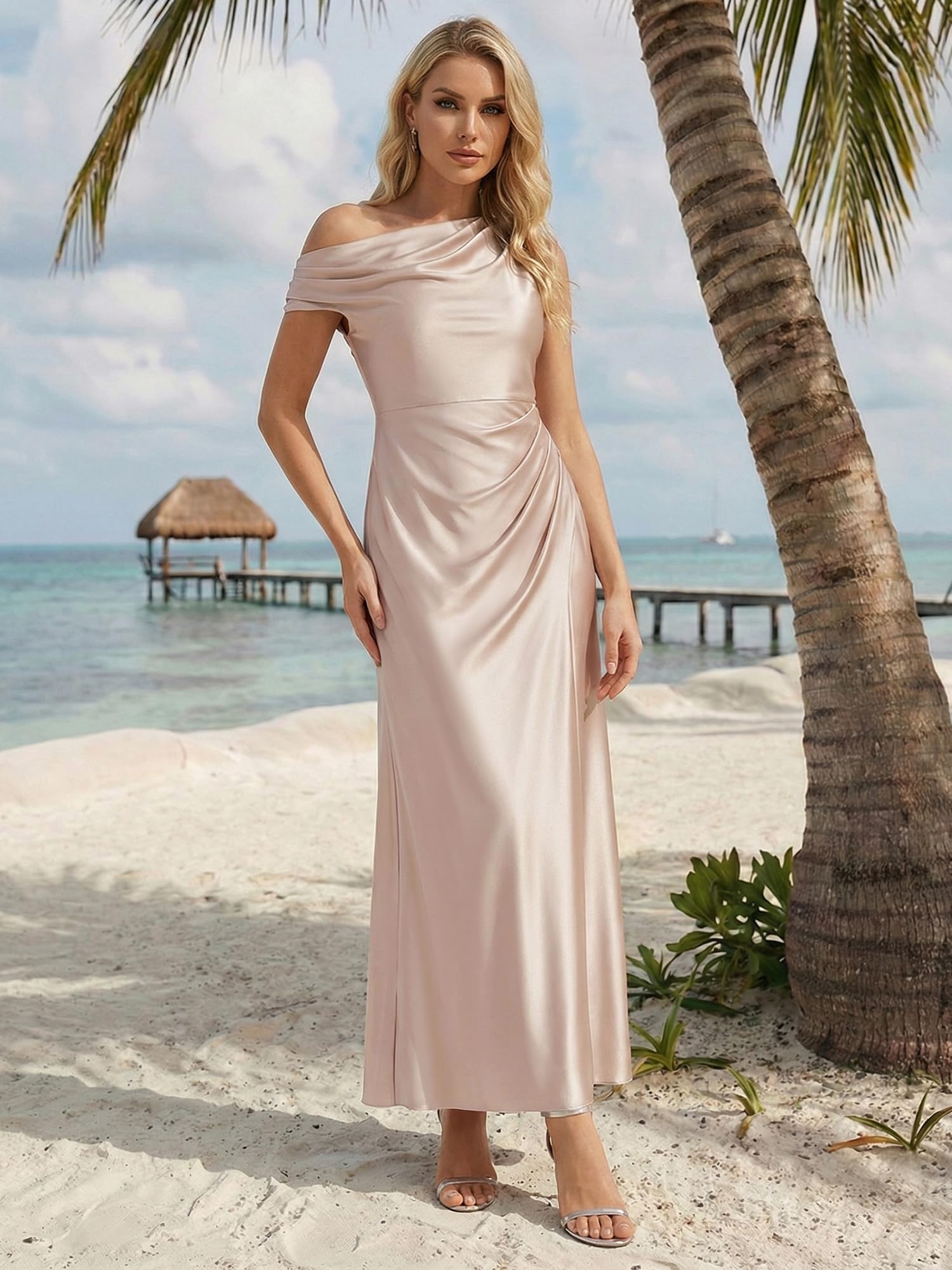 Ever-Pretty Abiti da Damigella Collo Asimmetrico Maniche Corte Satin Maxi Linea Dritta ES02670