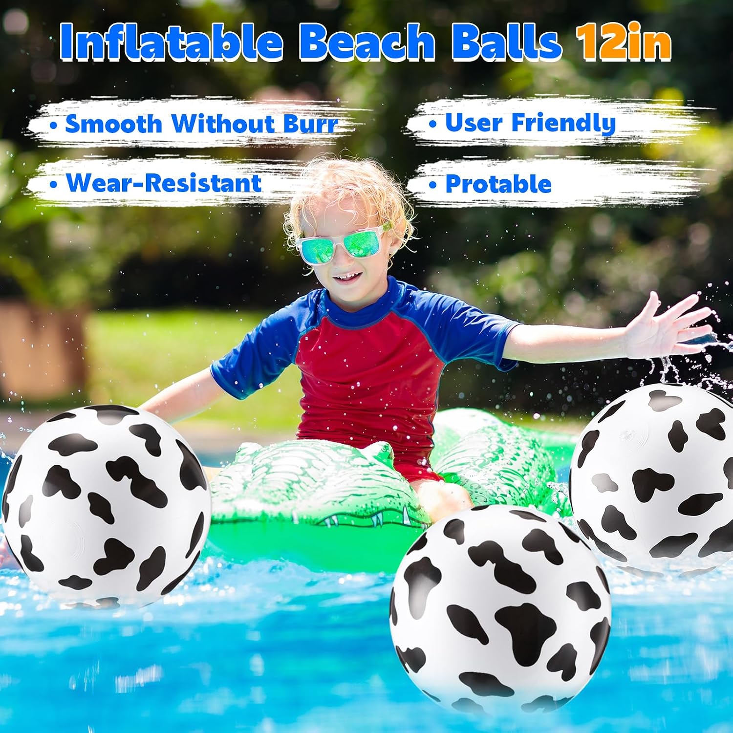 3 Pcs 12 Inch Inflatable Cow Print Beach Balls for Kids Farm Animal Birthday Party Favor Decorations Pool Toy PVC Beach Ball