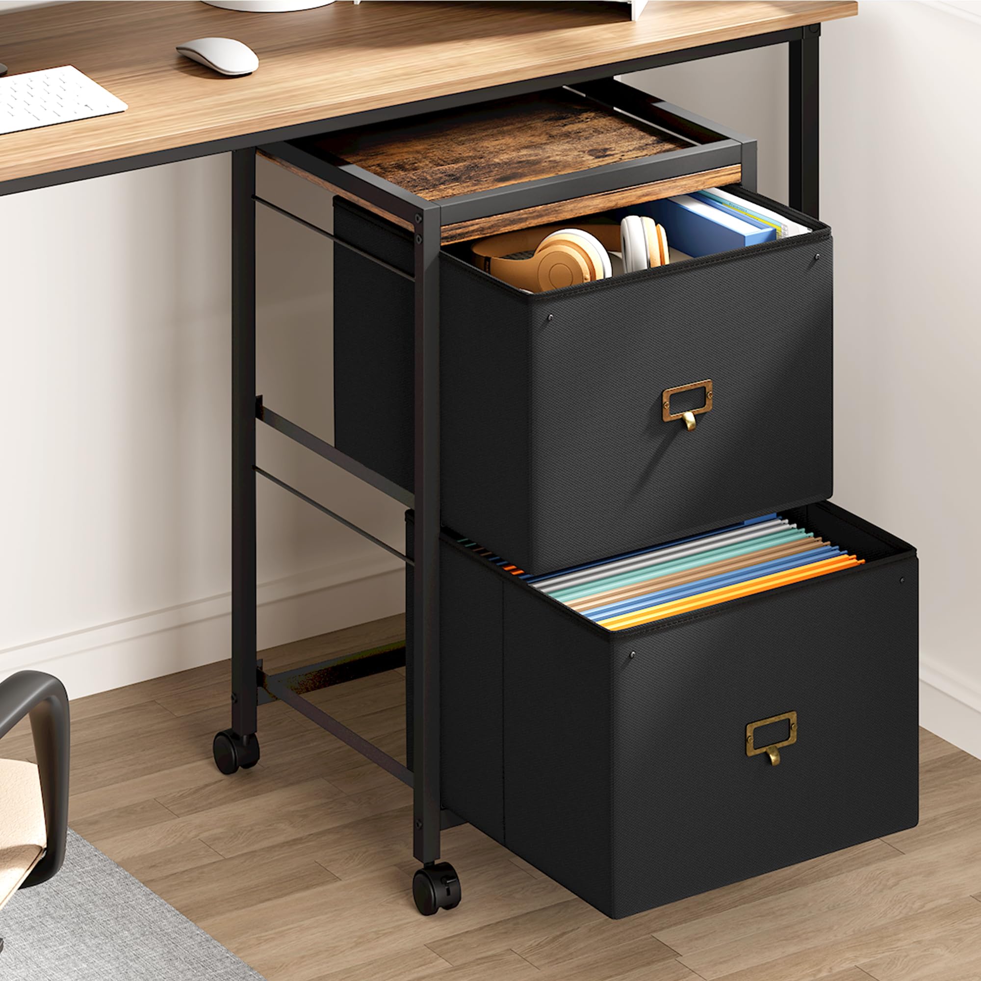 Archivador móvil con 2 cajones, unidad de almacenamiento debajo del escritorio con ruedas, muebles de almacenamiento de tela con marco de metal para el hogar, oficina, 40 x 40 x 66 cm