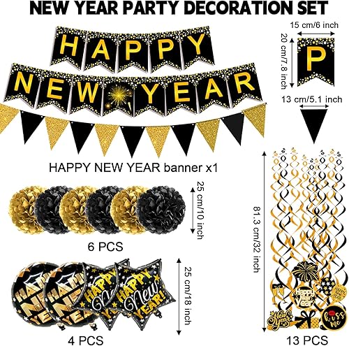 Miniatura 2 de Famoby Cartel de papel con texto en inglés Happy New Year con forma de triángulo, pompones y espirales para decoración de fiesta de Año Nuevo