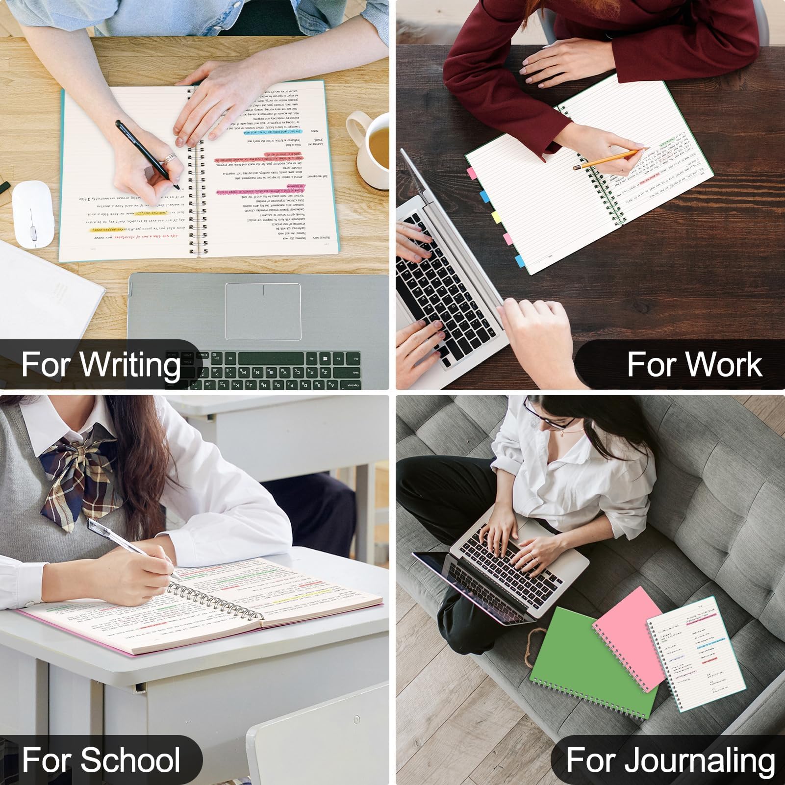 AHGXG Quaderno a spirale a righe, formato A4, 21,6 x 27,9 cm, 300 pagine perforate facili da strappare, carta spessa 100 g/m², copertina rigida in plastica, per scrivere, lavoro, scuola, verde