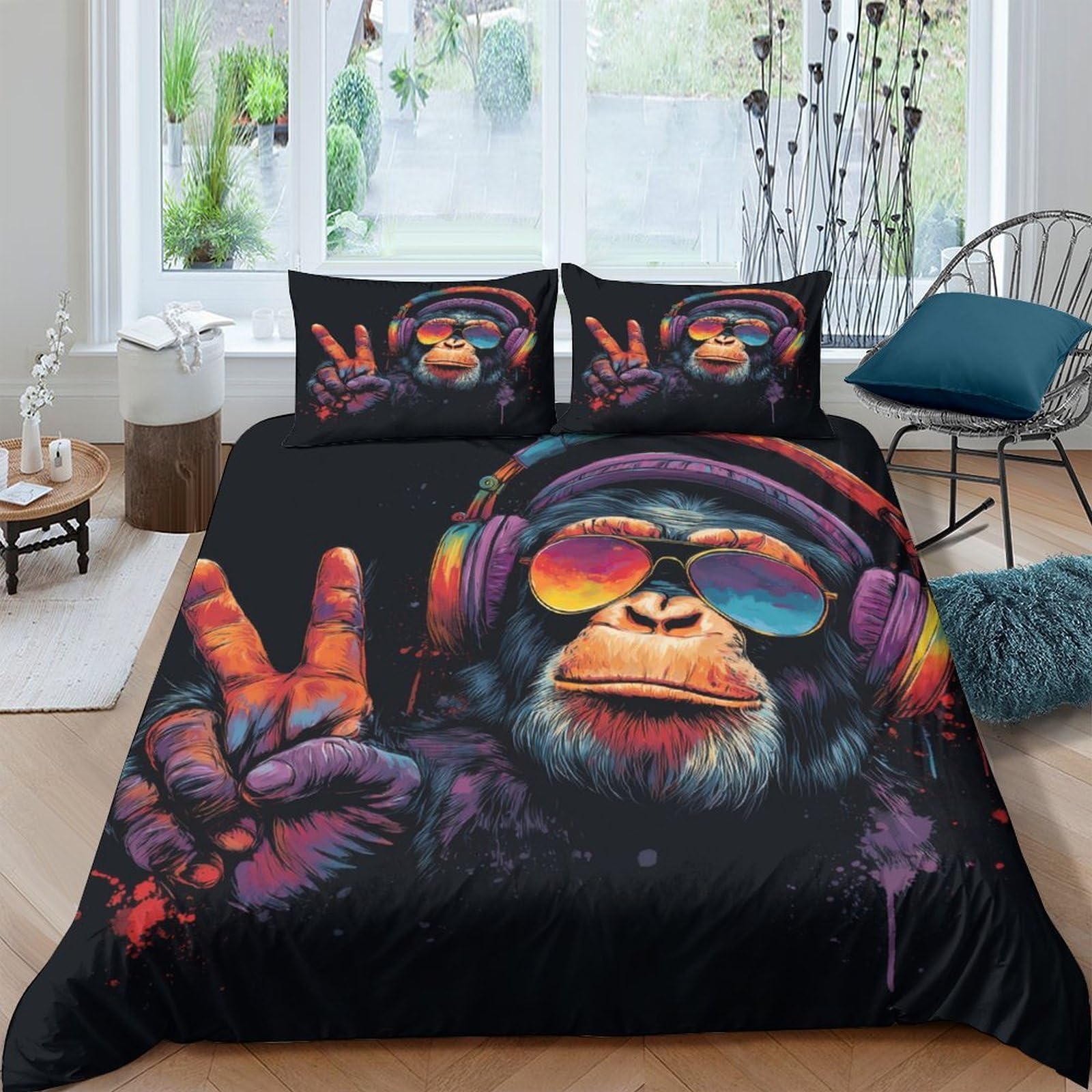 Ctjqhvkz Style-8 3D Printed Funky Monkey Fitted Sheet Microfiber Soft Anti-Slip Graffiti Peace Sign Bed Cover For Bedroom Dorm Decor Single（135X200cm）