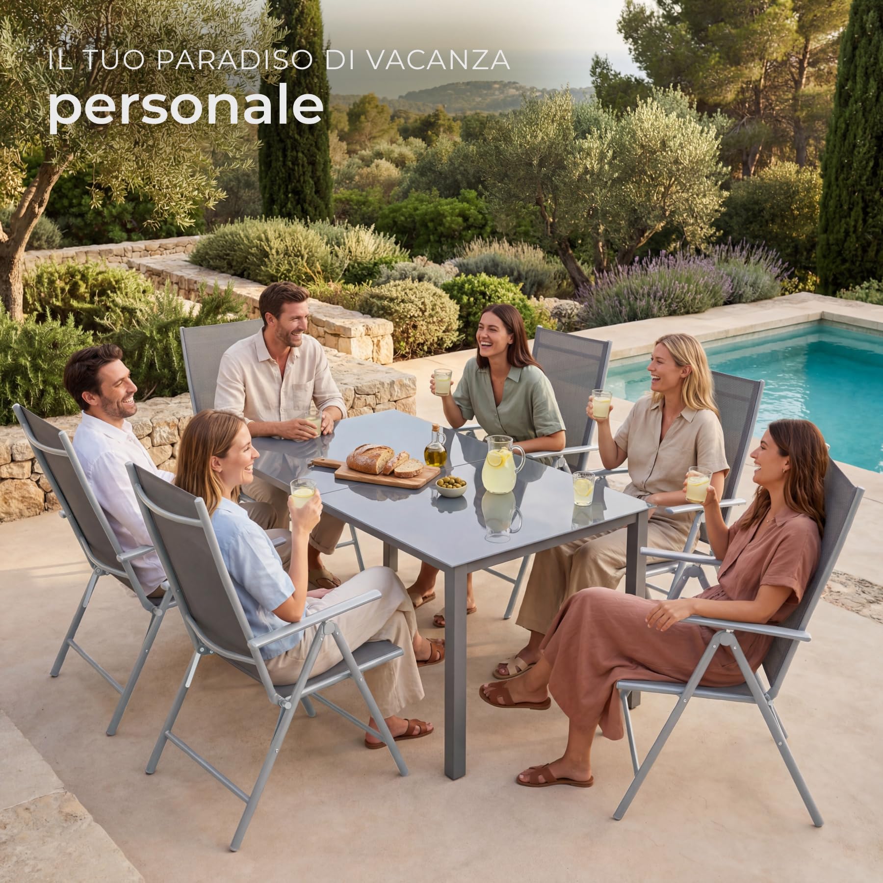 Set da 2 Sedie da Giardino in Alluminio Pieghevoli Schienale Regolabile 7 Posizioni 67x56x105cm Carico Max 110kg Grigio Argento