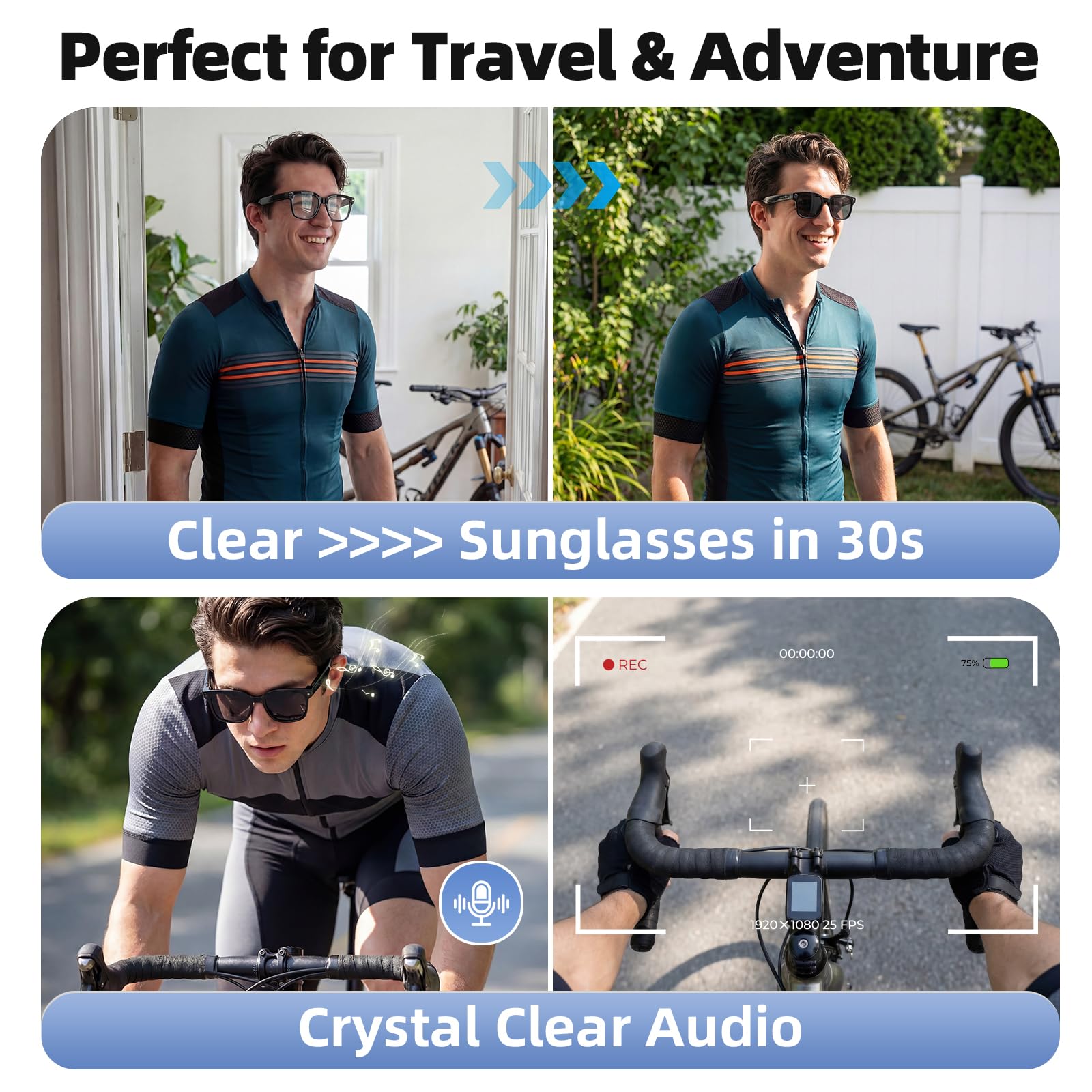 Smart Brille mit 4K HD Kamera und Bluetooth, Echtzeitübersetzung, Musik & Freisprechanrufe, Photochrome Linsen, UV & Blaulichtschutz für Damen & Herren