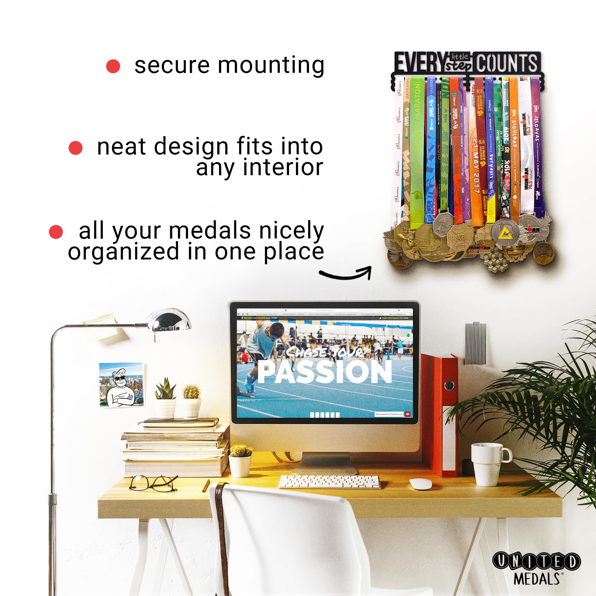 Every Little Step Counts Colgador de medallas | Medallero Acero | Medal Holder dispaly Hanger | Medalla Percha