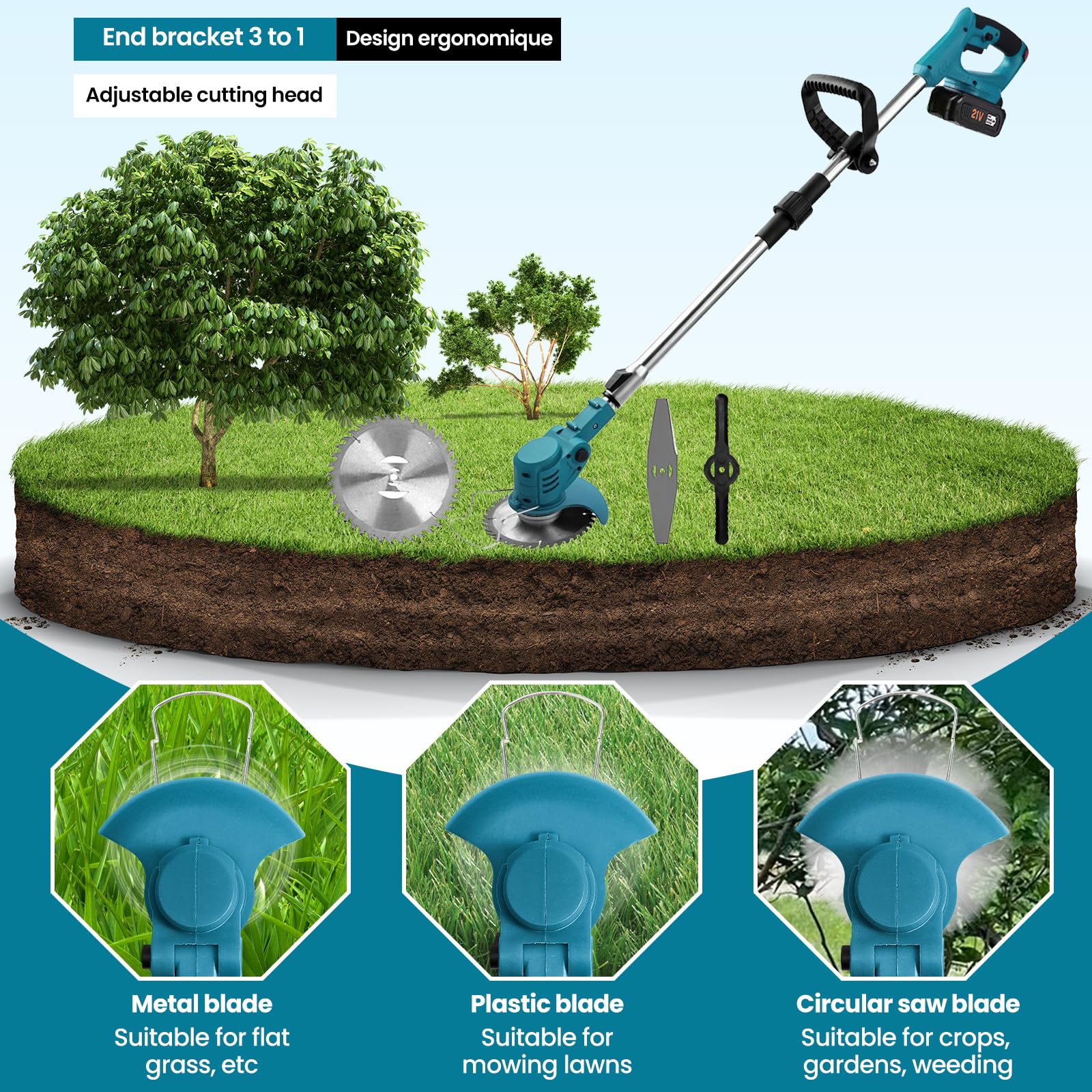 Coupe Bordure sans Fil,Debroussailleuse Electrique sans Fil,Debroussailleuse avec 2 Batteries Et Un Chargeur,Poignée Réglable,4 Types Lames Efficace pour Jardin Pelouse et Désherbage Facile (Bleu)