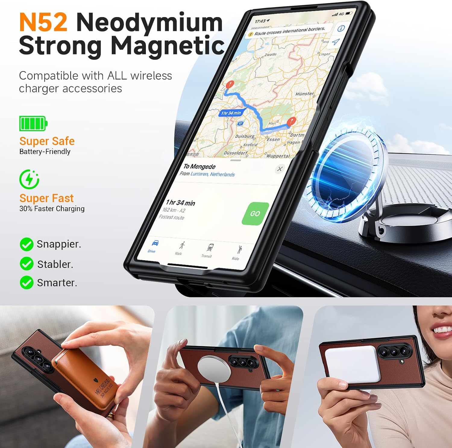 Magnetic for Galaxy Z-Fold-7 Leather Case: Fit for MagSafe Wireless Charging, Military Grade Hinge Protection, Screen Protector, Rugged Shockproof Magnet Phone Cover for Samsung Z Fold 7 Case, Brown