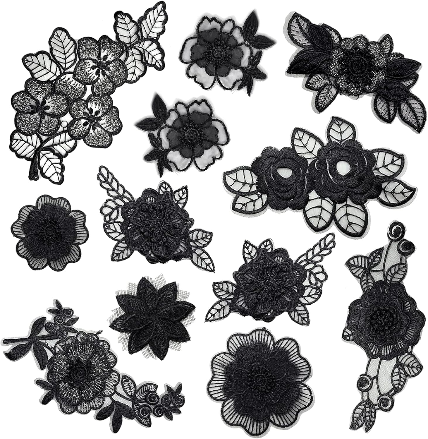 12PCS Black Flower Lace Embroidered Appliques, 3D Floral Lace Applique Patches, Sew On Patches for Women Clothing Repairing Jeans Sweater Wedding Dress Bags DIY Craft Sewing Decoration