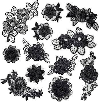 12PCS Black Flower Lace Embroidered Appliques, 3D Floral Lace Applique Patches, Sew On Patches for Women Clothing Repairing Jeans Sweater Wedding Dress Bags DIY Craft Sewing Decoration