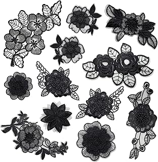 12PCS Black Flower Lace Embroidered Appliques, 3D Floral Lace Applique Patches, Sew On Patches for Women Clothing Repairing Jeans Sweater Wedding Dress Bags DIY Craft Sewing Decoration