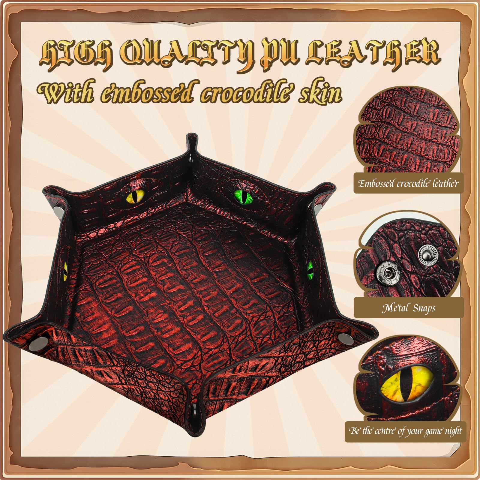 Byhoo Bandeja de Dados DND con patrón de cocodrilo, Bandeja Plegable Hexagonal rodante, Bandeja de Dados Que Brilla en la Oscuridad, Juegos de rol, DND y Juegos de Mesa (Rojo)