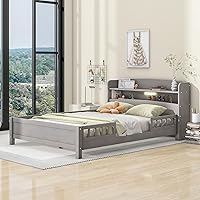 Vista 4 de Modern Full Size Platform Bed Storage Headboard and Safety Guardrail for Kids, Function Wood Platform Bed Frame with Built-in LED Light for Boy