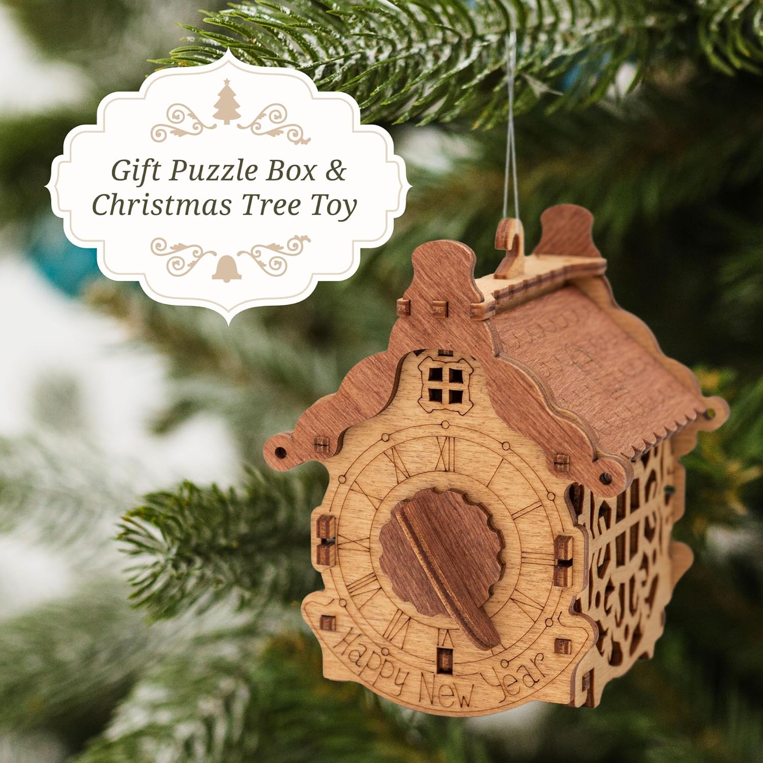 iDventure Happy New Year Treasure Box - Wooden 3D Puzzle with a Secret - Christmas Decoration Tree Toy - Cryptex - Gift Money Box for Cash - Escape Room Game