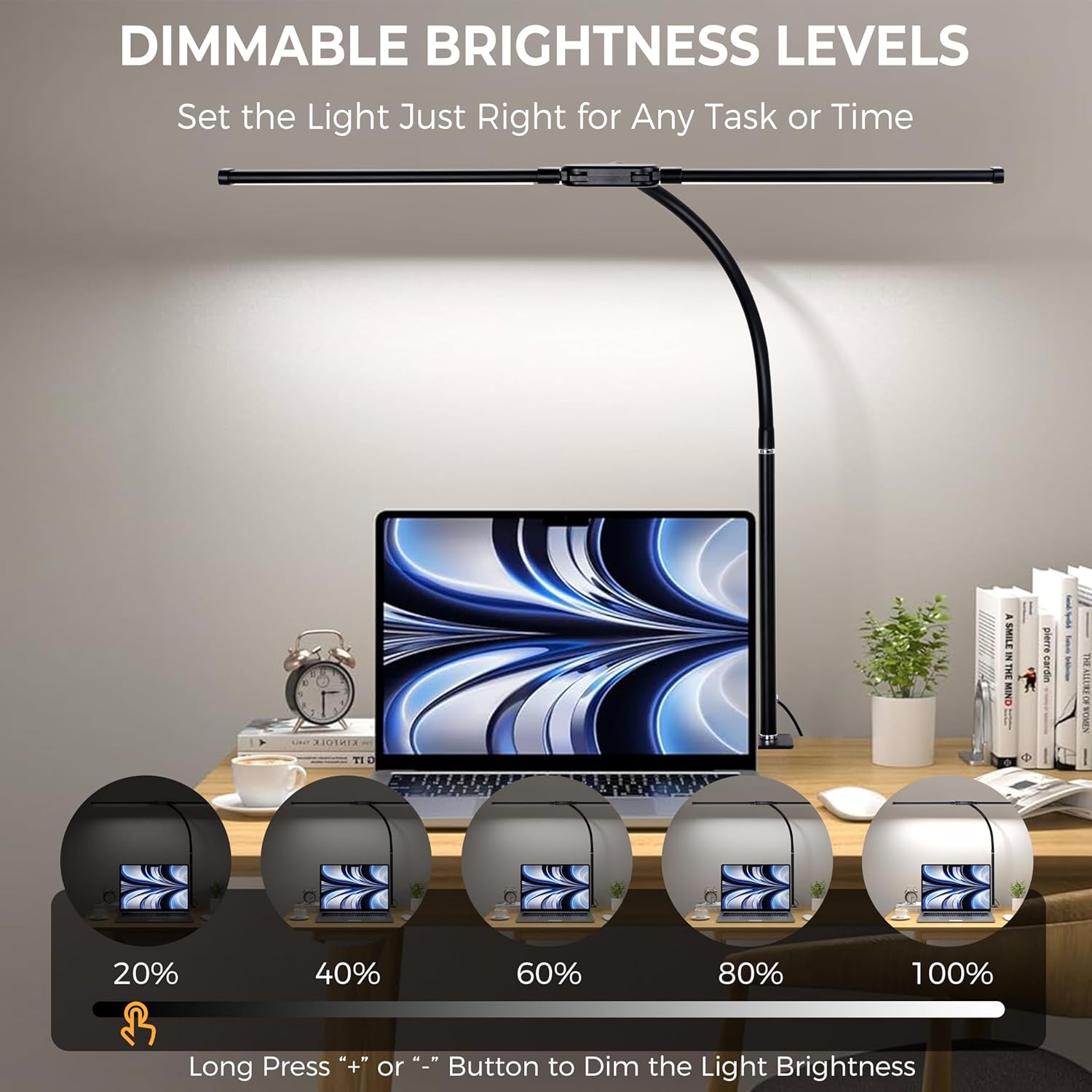 Coliware LED Desk Lamp for Office Home, Eye Caring Architect Lamp with Clamp Flexible Gooseneck, Smart Double Head Computer Monitor Table Light with 30 Lighting Modes, Adjustable Work Study