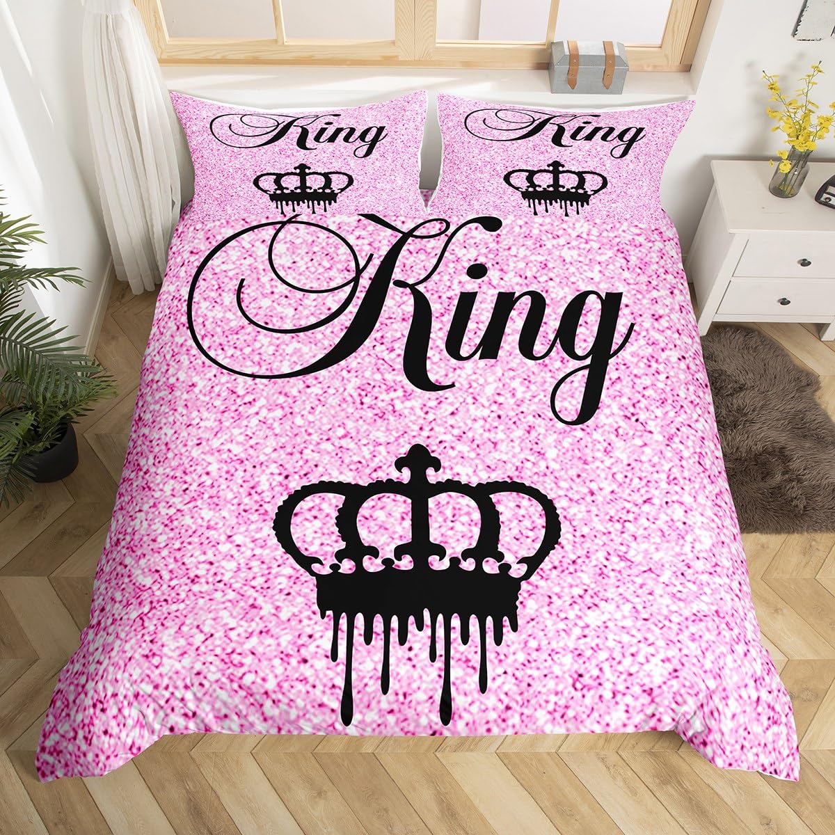 Homemissing Modern King Crown Duvet Cover King Size Black and Pink Bedding Set Teens Adults Couple Comforter Cover Set 3 Pieces Girls Boys Valentines Day Gifts Bedding (No Glitter)