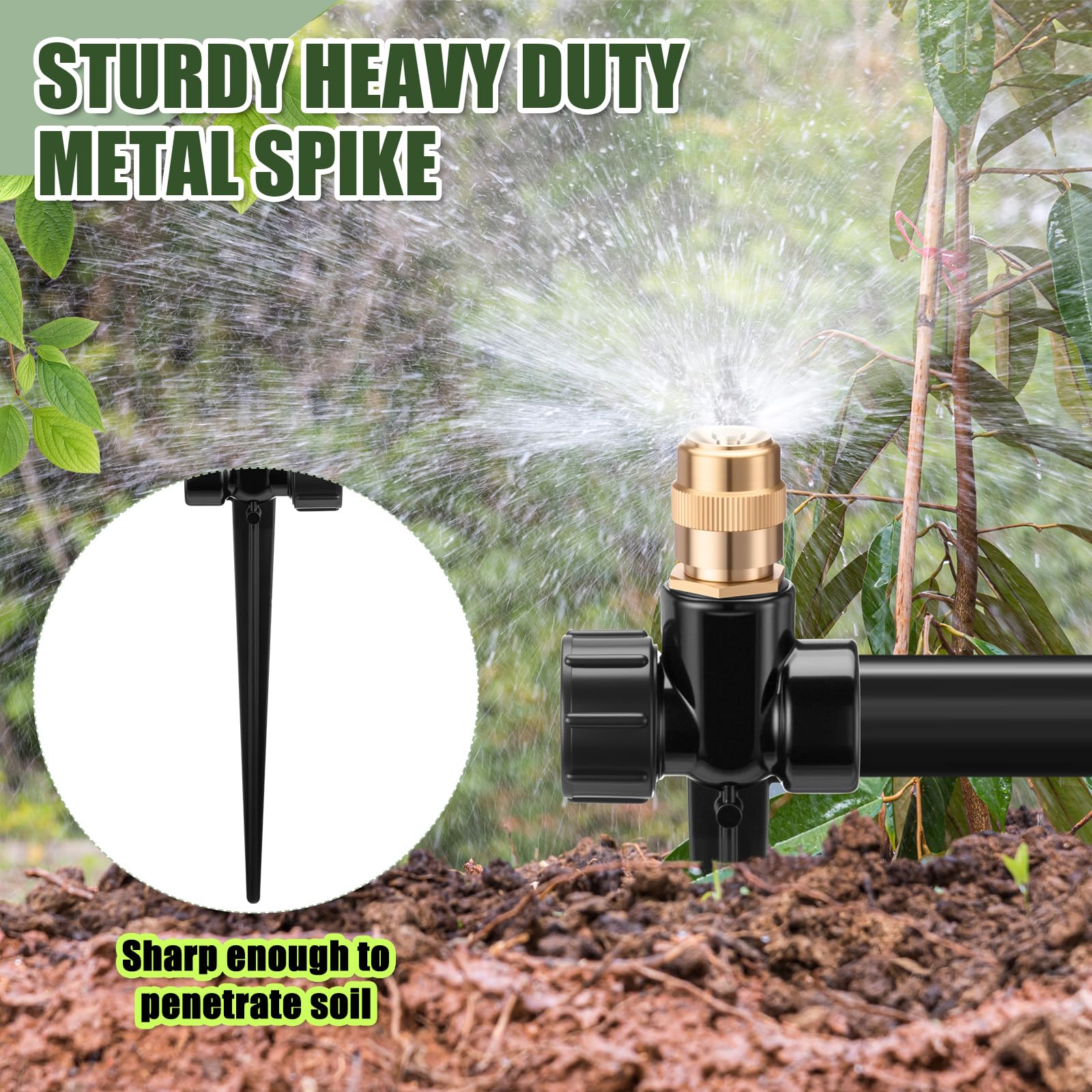 Tioncy Paquete de 4 aspersores automáticos de metal para césped en base de pico, rotación de 360 grados con boquilla de latón ajustable para césped, jardín, patio (color negro)