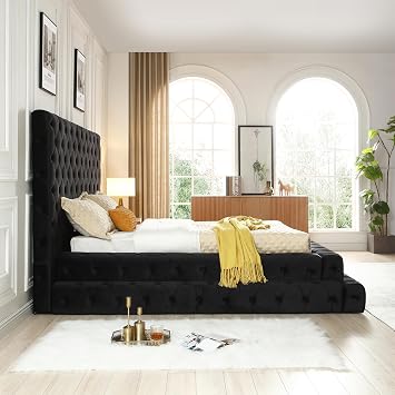 Better Home Products Eleonora Velvet King Bed - Luxurious Upholstered Design with Deep Button Tufting in Black Black, King