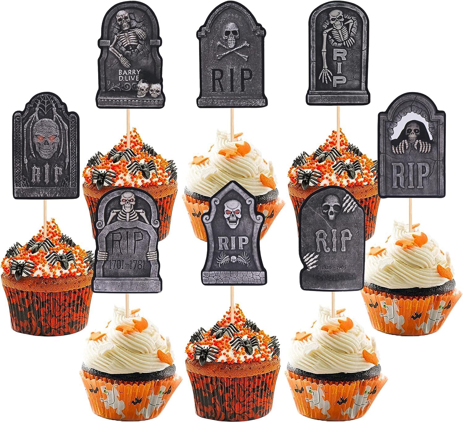 24 Stück Halloween Tortendeko Grabstein Kuchen Deko Neuheit Mini Schaufellöffel Schrecklicher Grabstein Skelett Cupcake Toppers für Halloween Thema Geburtstag Party Kuchen Dekorationen