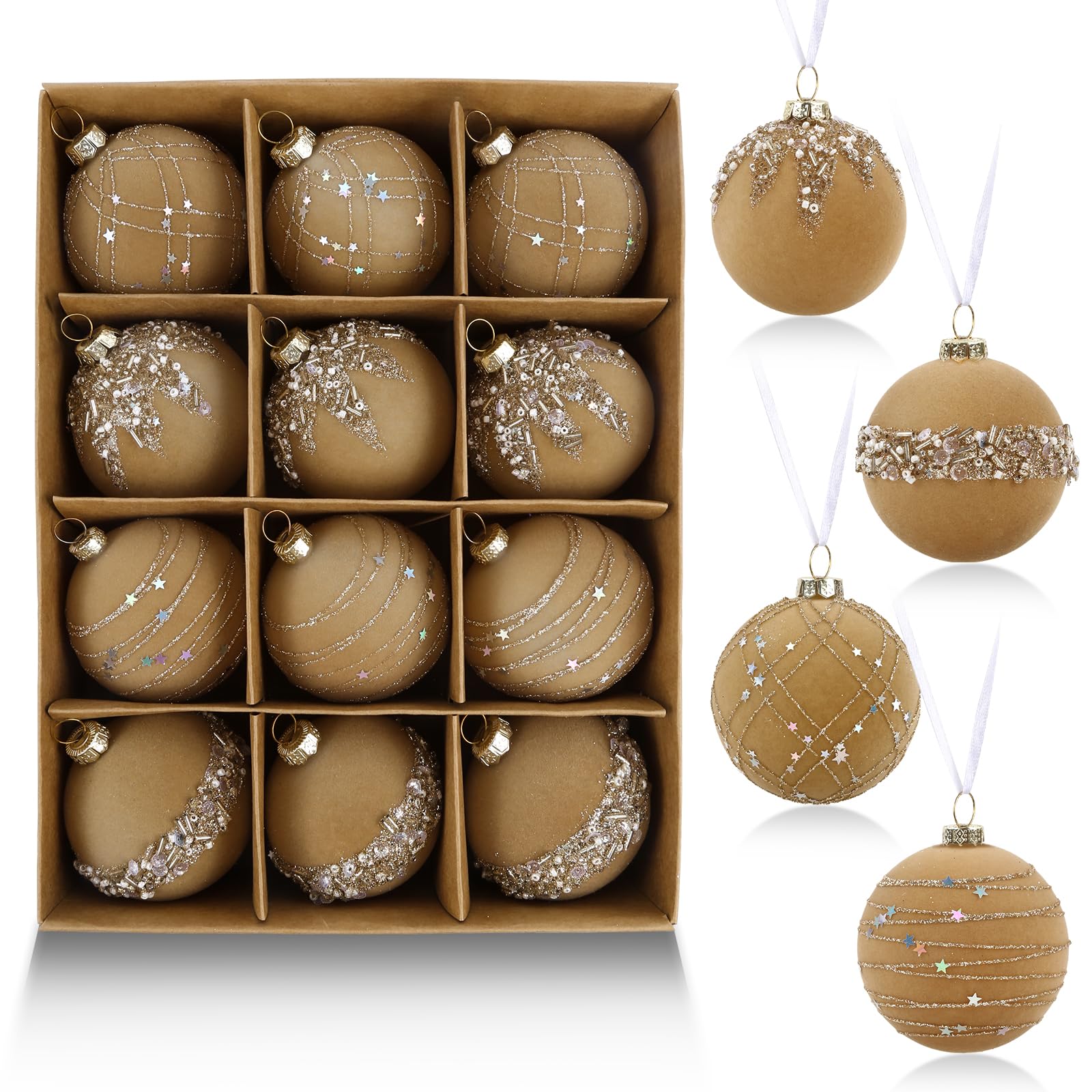 IPOPU 12 Stück 6 cm Samt-Glitzer-Weihnachtskugeln, Khaki, Weihnachtsbaumkugeln, Ornamente, Weihnachtskugel-Set für Urlaub, Hochzeit, Party, Tischdekoration (Khaki)