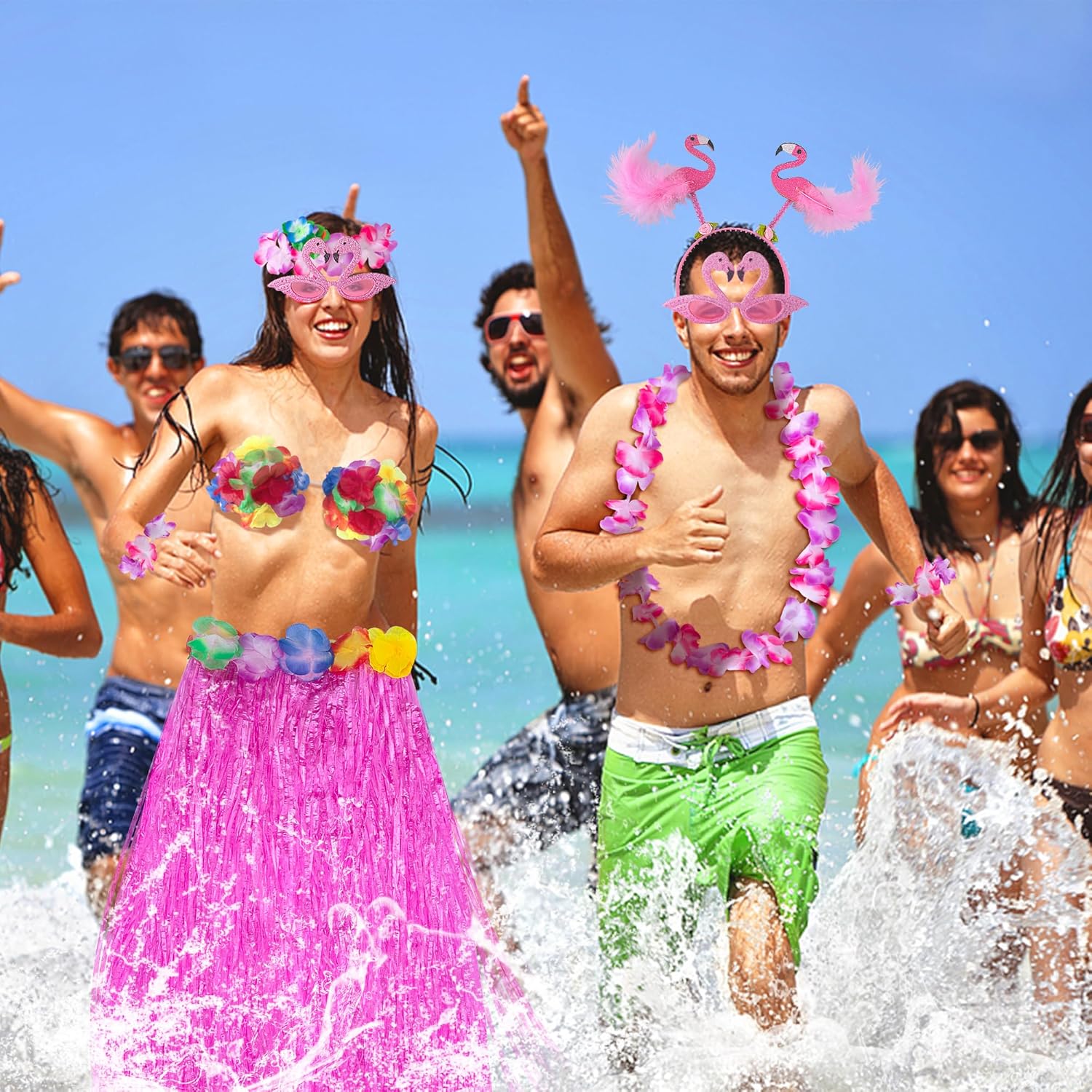 Watayo 8 Pcs/Set 31" Hawaiian Grass Skirt Flowers Costume for Women, Summer Luau Party Outfits Grass Skirt with Bikini Sunglasses Garland Bracelet Hairclip Headband for Beach Party Accessories - Image 5