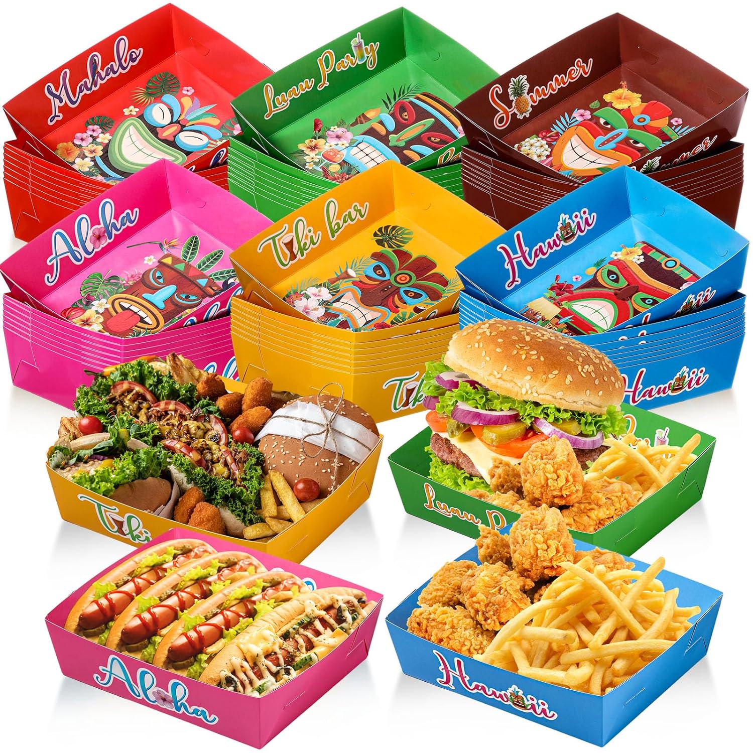 Uiifan 48 Pack Hawaii Party Paper Tray Aloha 5lb Tiki Paper Disposable Boat Large Luau Food Serving Tray Hawaiian Nacho Boat for Tropical Summer Theme Party Supplies