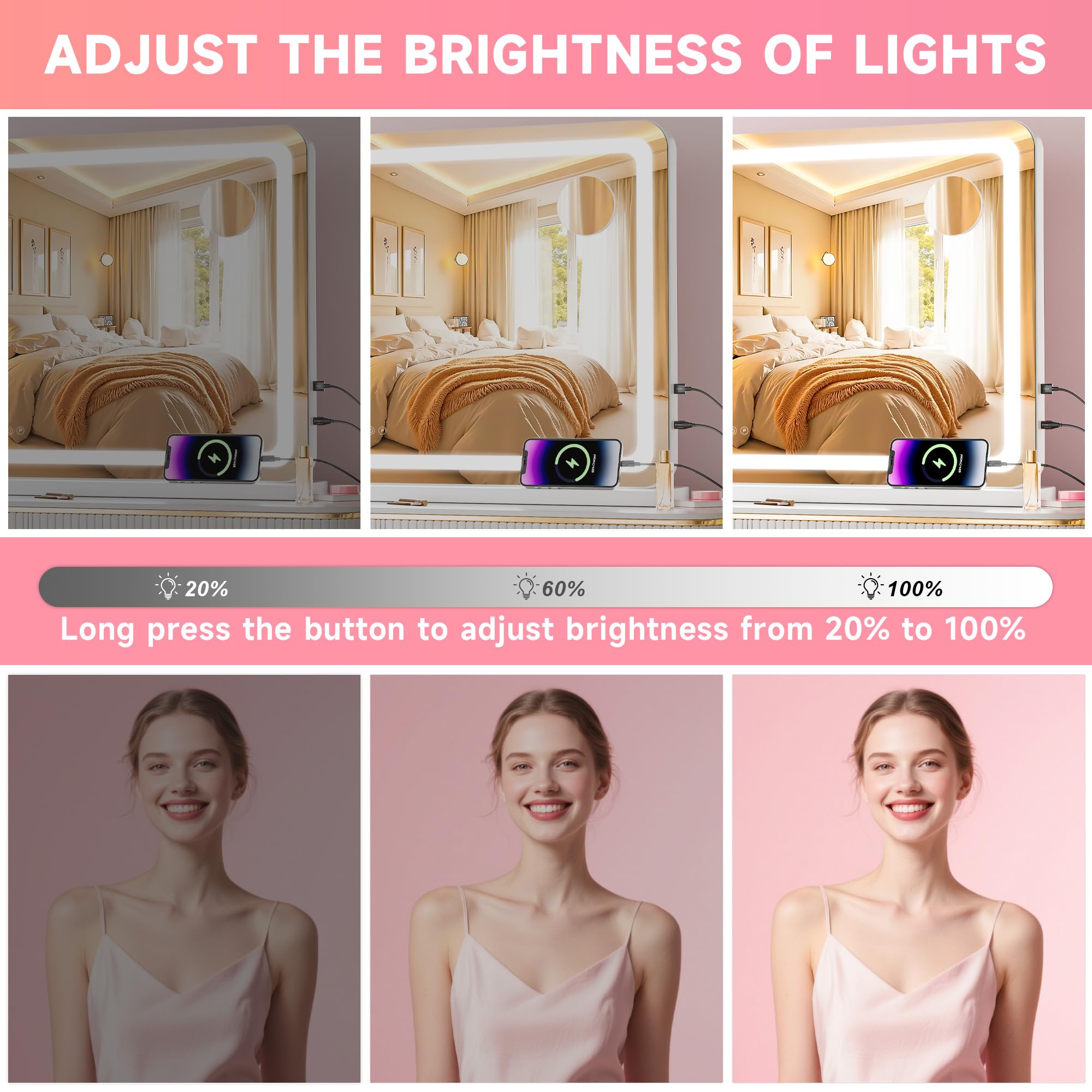 Kosmetikspiegel mit Lichtern, 58,4 x 45,7 cm, LED-Make-up-Spiegel mit 10-facher Vergrößerung, dimmbar, 3 Modi, Speicherfunktion, Smart Touch, USB-Ladeanschluss, beleuchteter Make-up-Spiegel
