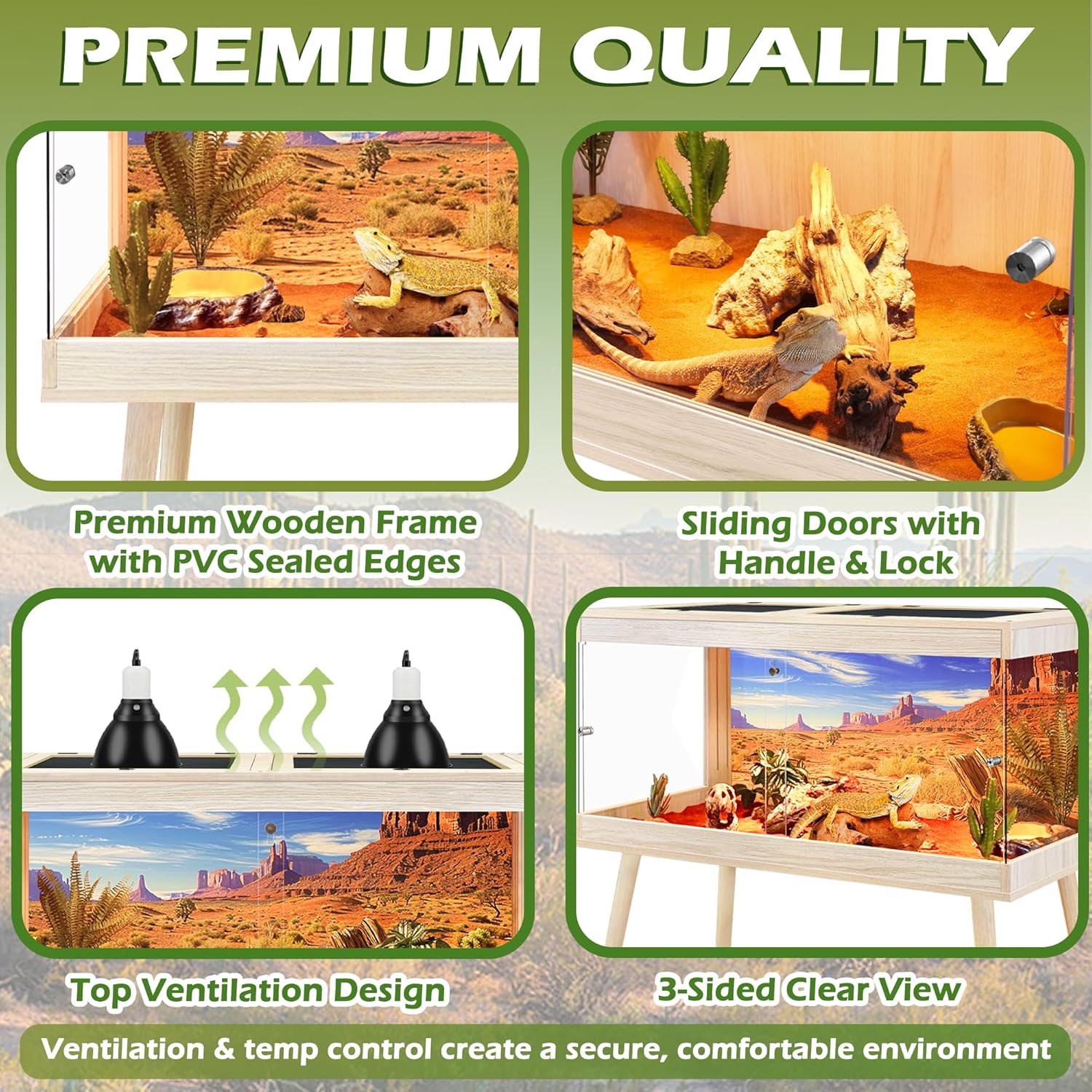 ROYXEN Bearded Dragon Tank with Leg Stand,34 Gallon Tempered Glass Reptile Tank with Metal Mesh Top, 3-Side Clear Anti-Scratch Glass Lizard Tank,Snake Tank for Reptile Habitat (Oak,32" Length)