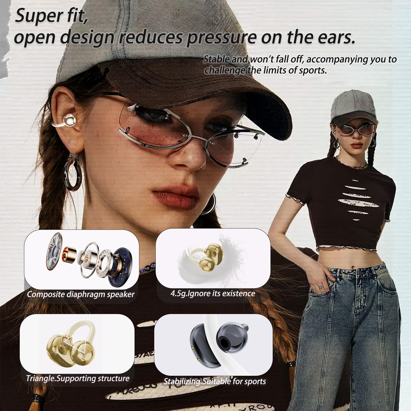 AZJLOOF Écouteurs Bluetooth sans Fil, Open-Ear avec Clip, Léger et Stable Seulement 4.5g, Suppression du Bruit, iOS & Android, IP57, Affichage LED, pour Voyage/Deporte/Études/Running Sport (Blanc) - 2