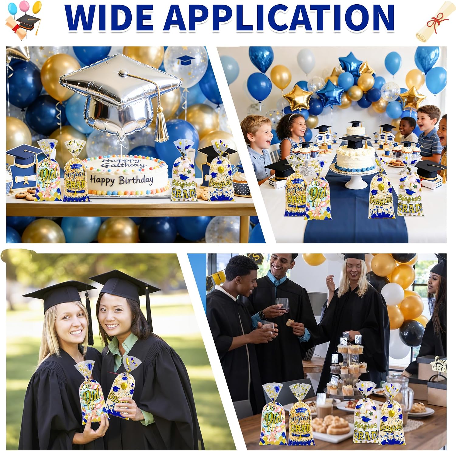 50 Pcs Royal Blue and Gold Graduation Treat Bags - 5" x 11" Congrats Grad Cellophane Goodie Bags with 60 Ties, Class of 2026 Royal Blue School Color Theme Party Favor Bags, Cookies & Candy Packaging