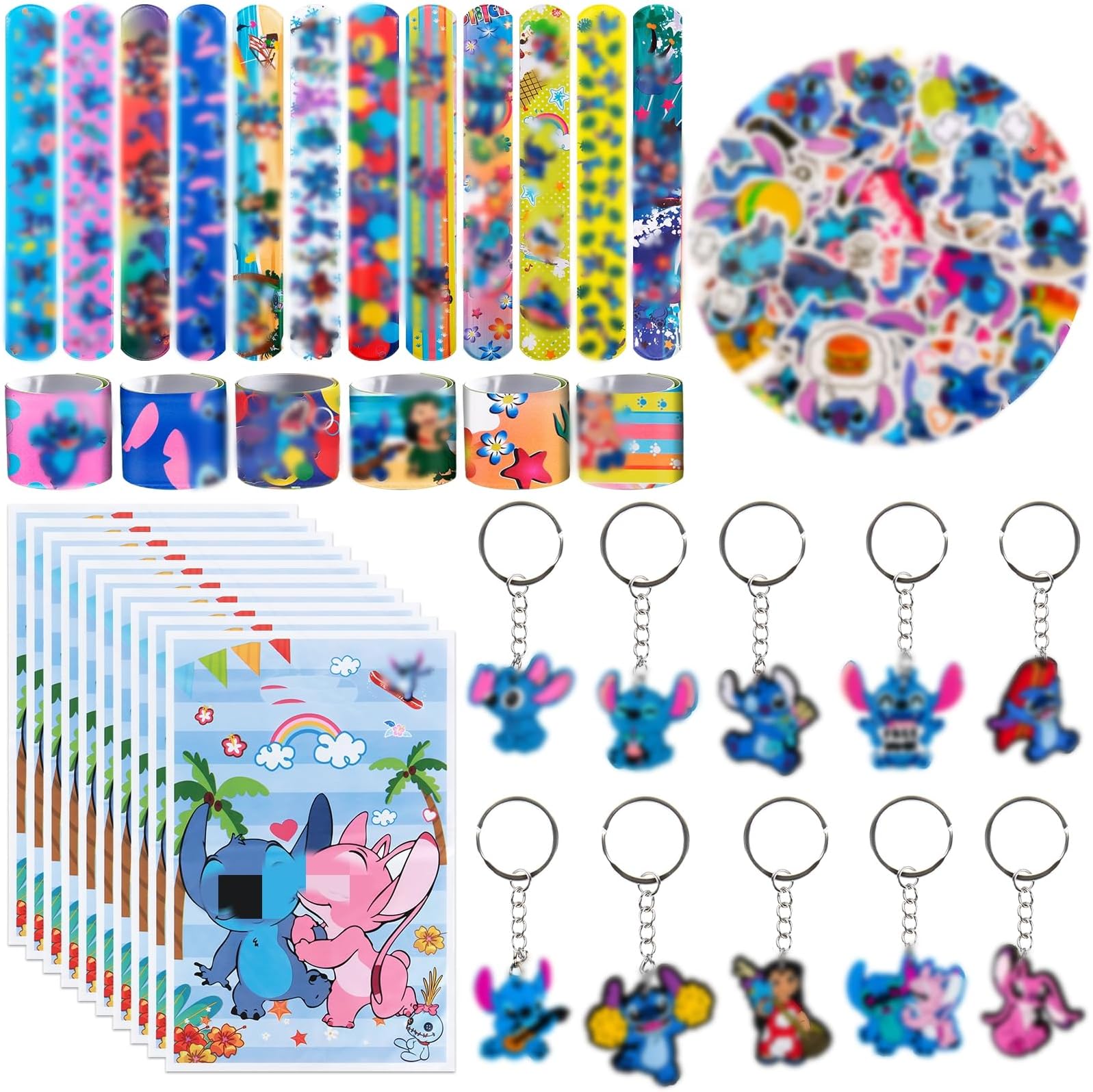 Pianocean 82PCS Kids Party Bag Fillers with Slap Bands, Keychain, Cartoon Stickers, Party Bags, Birthday Party Gifts for Boys Girls Kids