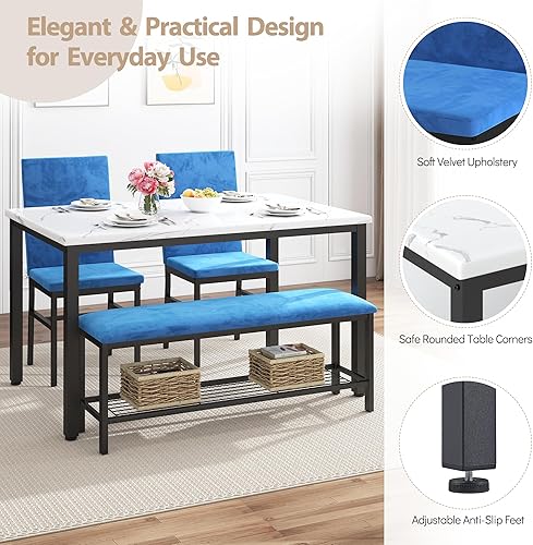 Miniatura 3 de HUGROVE Juego de mesa de comedor de 4 piezas para 4, mesa de cocina de 47.24 pulgadas con banco y sillas tapizados de terciopelo, juego de mesa de
