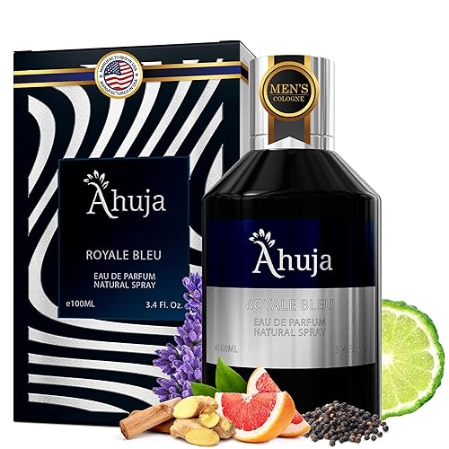 AHUJA Royal Bleu Eau De Parfum para hombre, 3.4 onzas líquidas, colonia para hombre, perfume de larga duración para hombres, cítricos frescos y